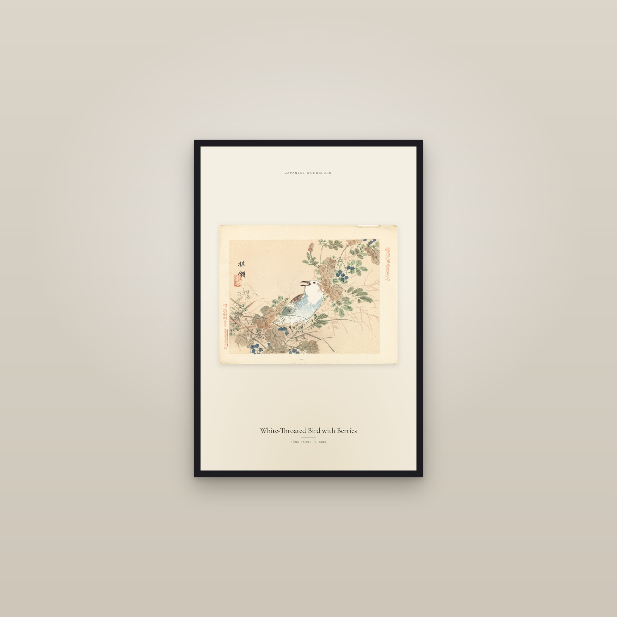 White-Throated Bird with Berries — framed in a gallery setting