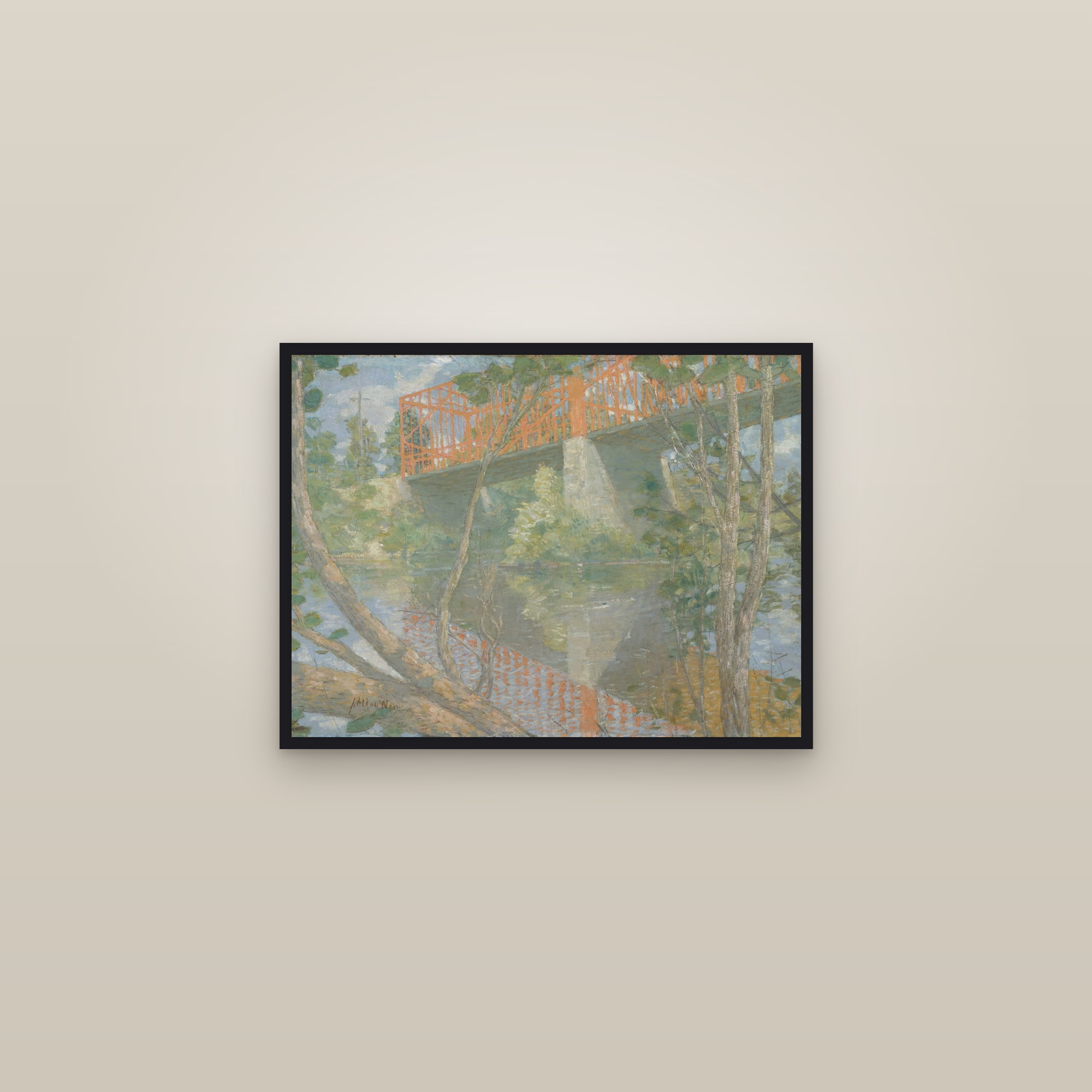 The Red Bridge (Full) — Full-Bleed Edition — framed in a gallery setting