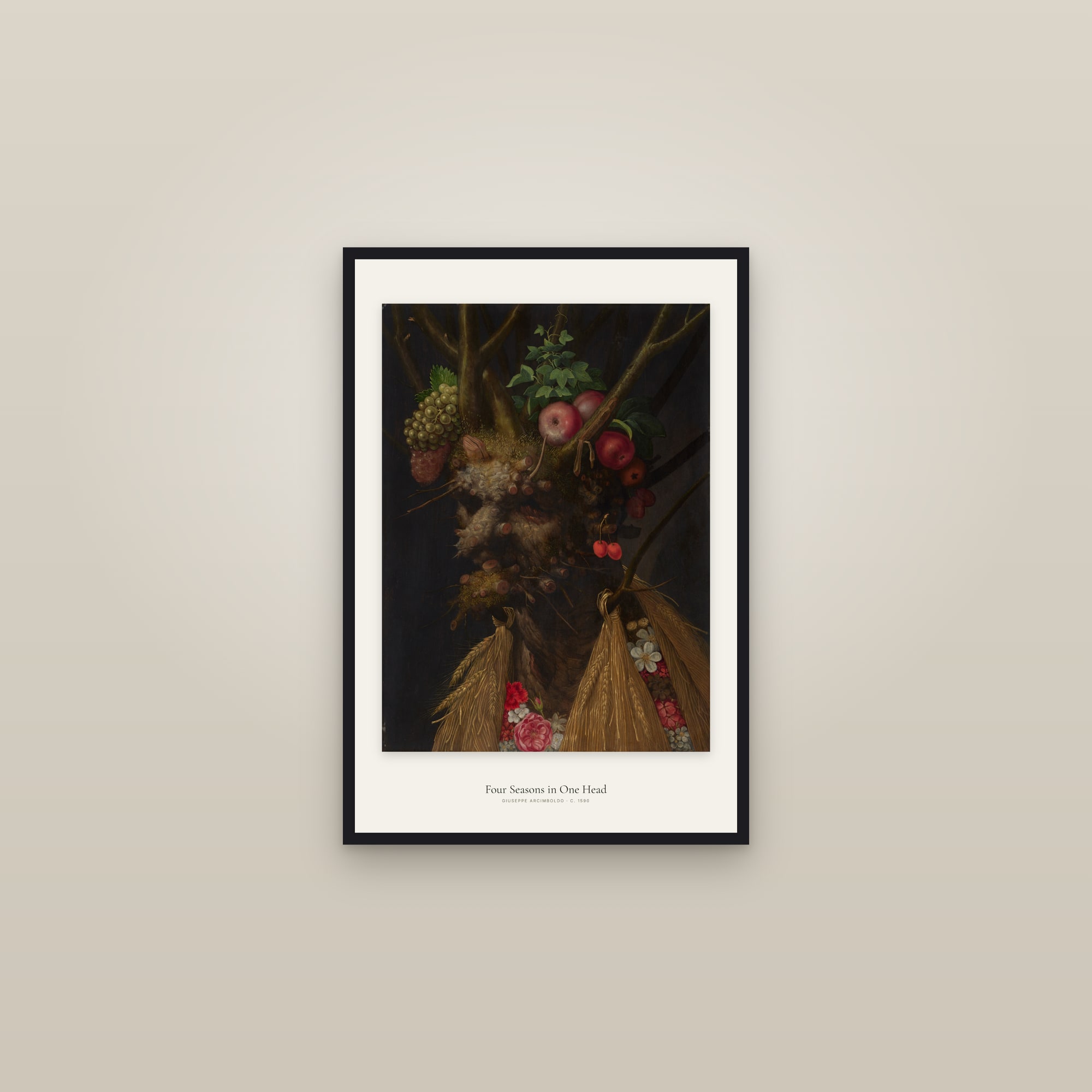 Four Seasons in One Head — framed in a gallery setting