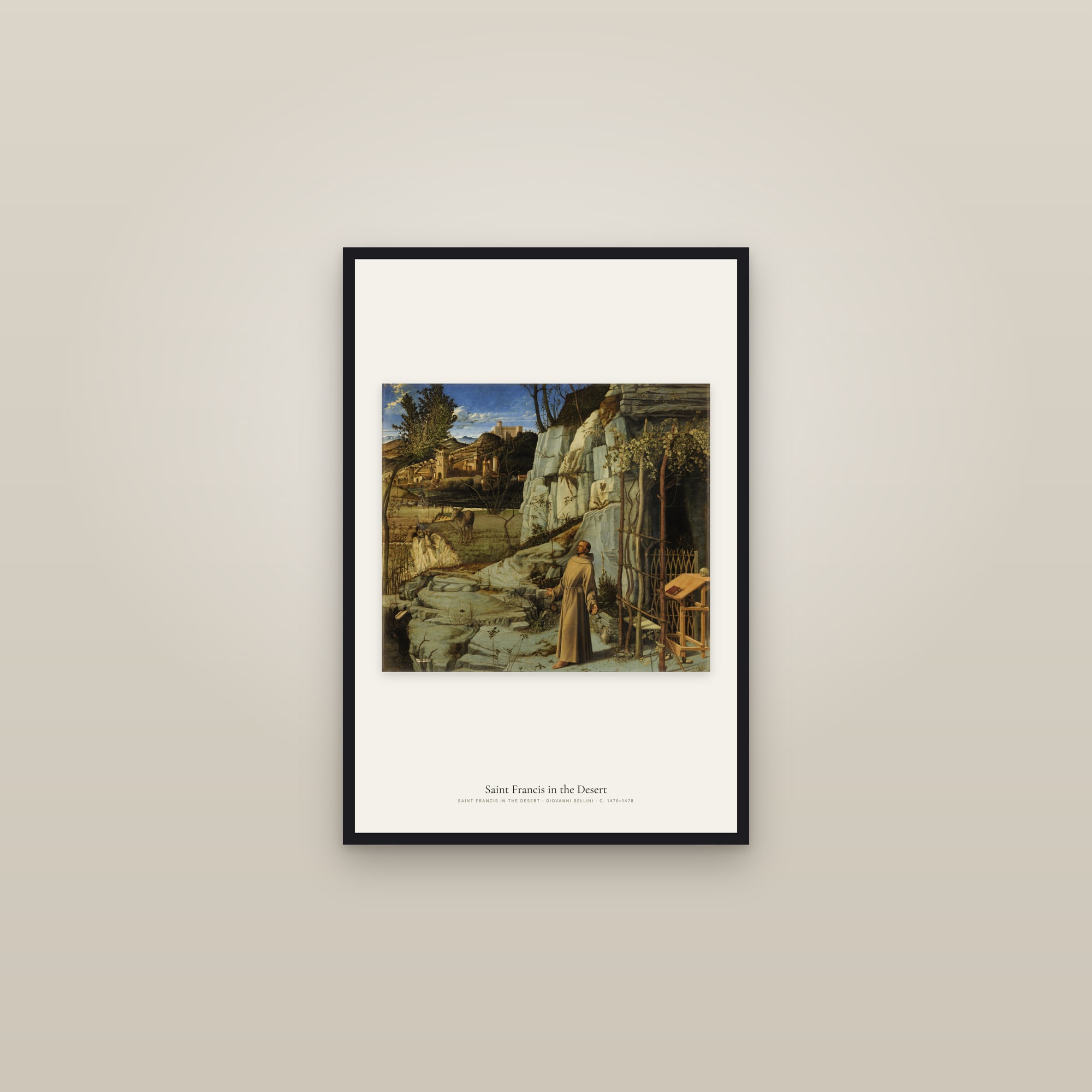 Saint Francis in the Desert — framed in a gallery setting