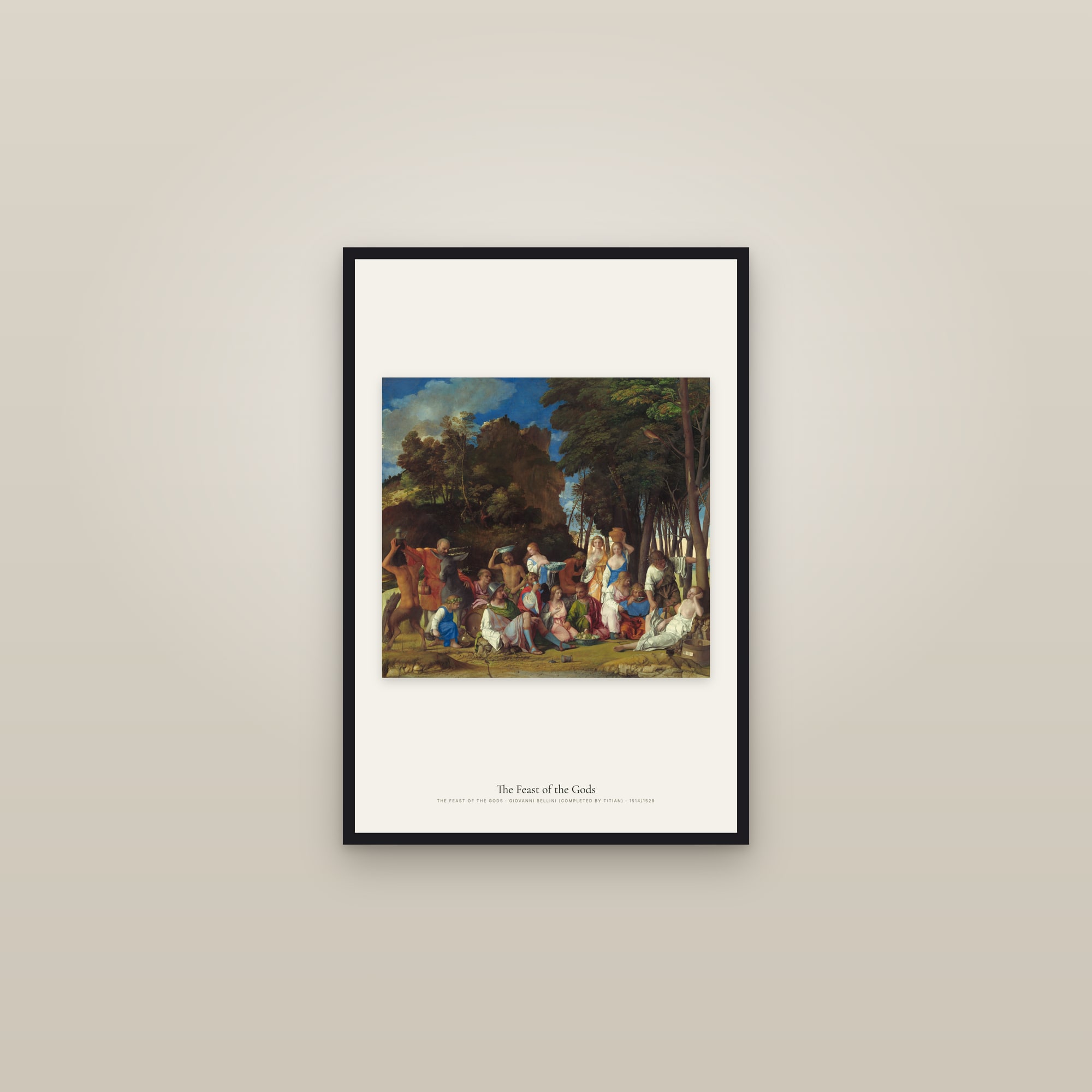 The Feast of the Gods — framed in a gallery setting