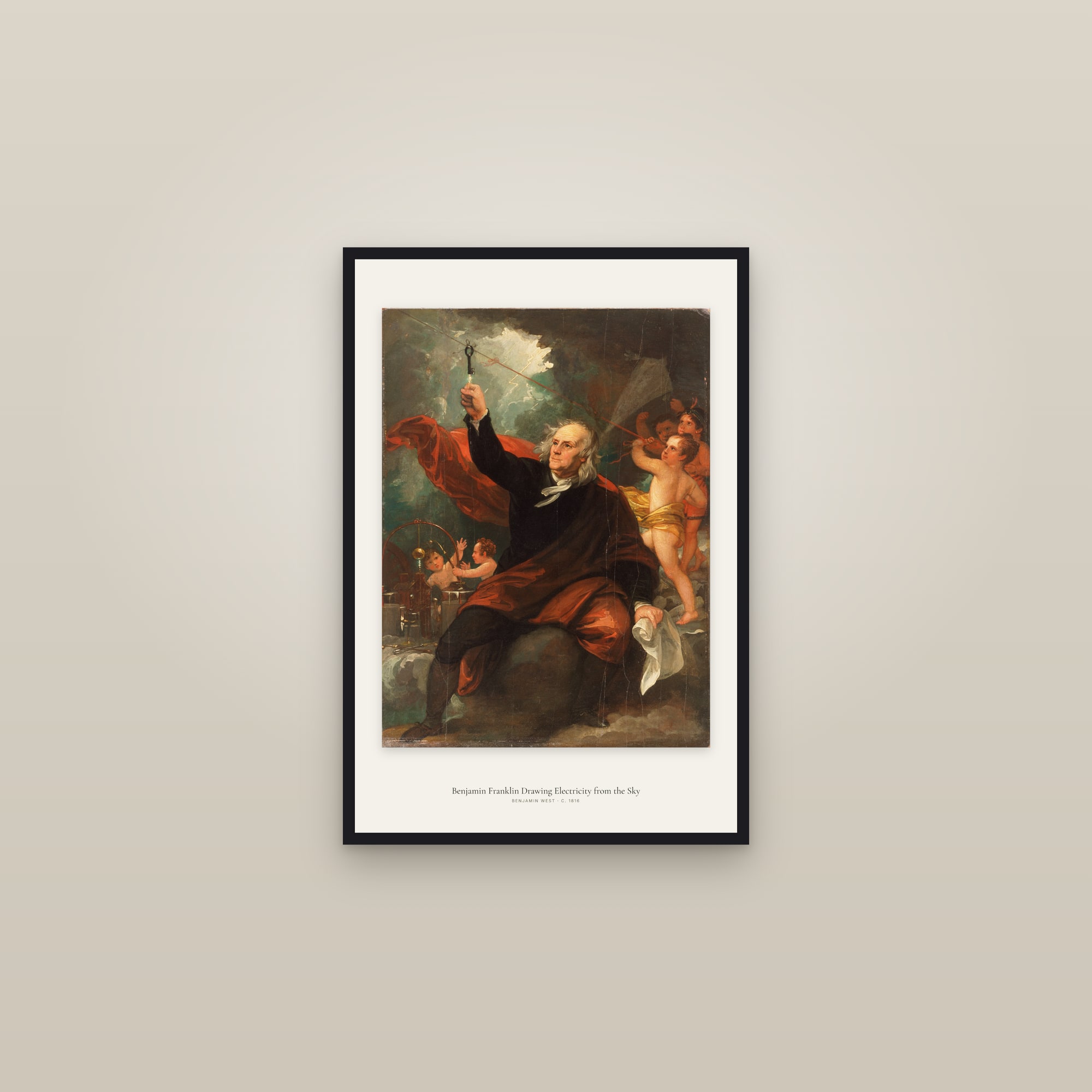 Benjamin Franklin Drawing Electricity from the Sky — framed in a gallery setting