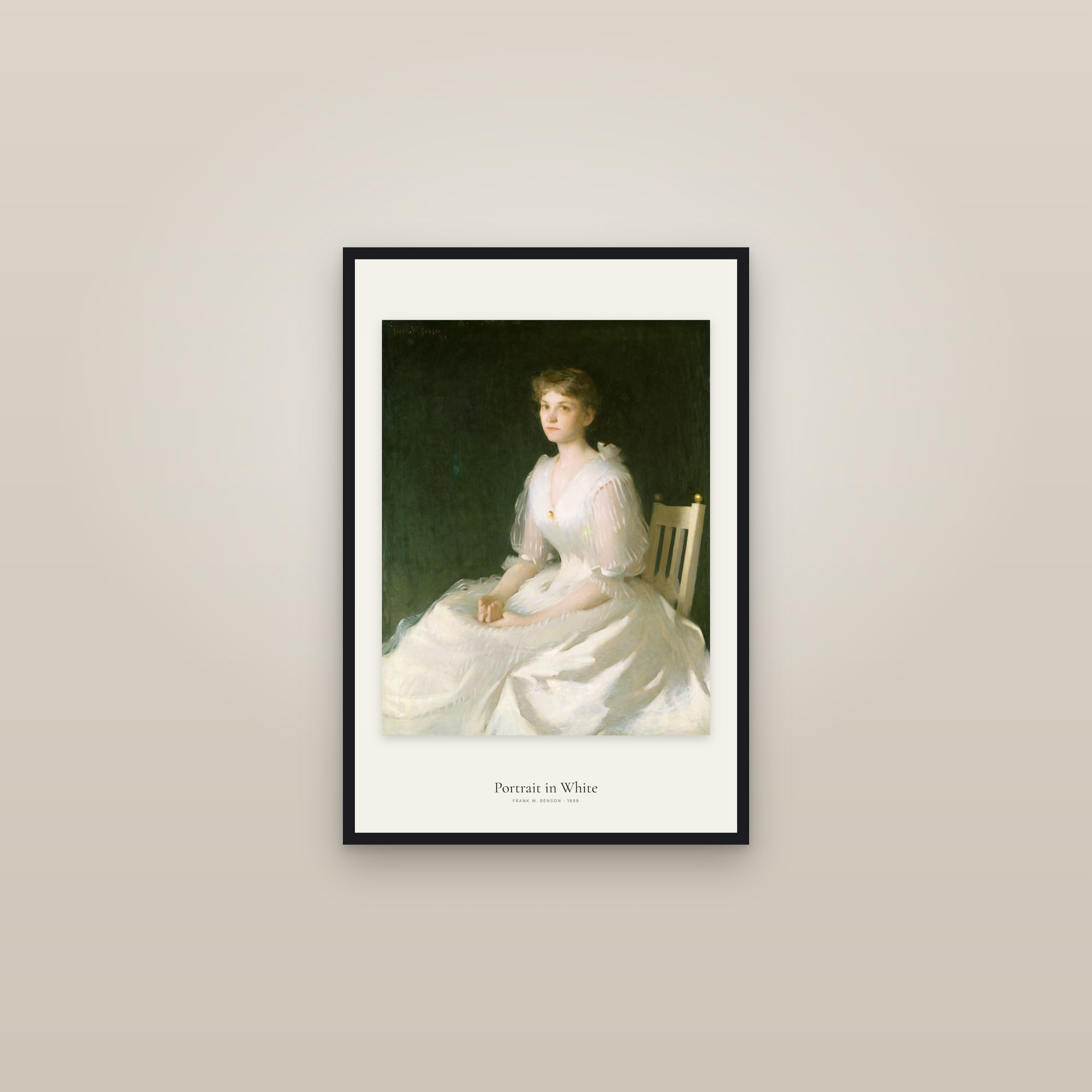 Portrait in White — framed in a gallery setting