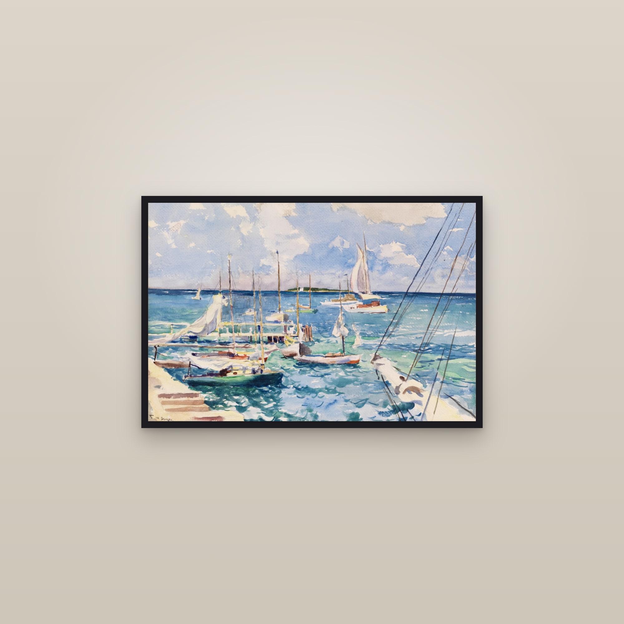 The Waterfront (Full) — Full-Bleed Edition — framed in a gallery setting