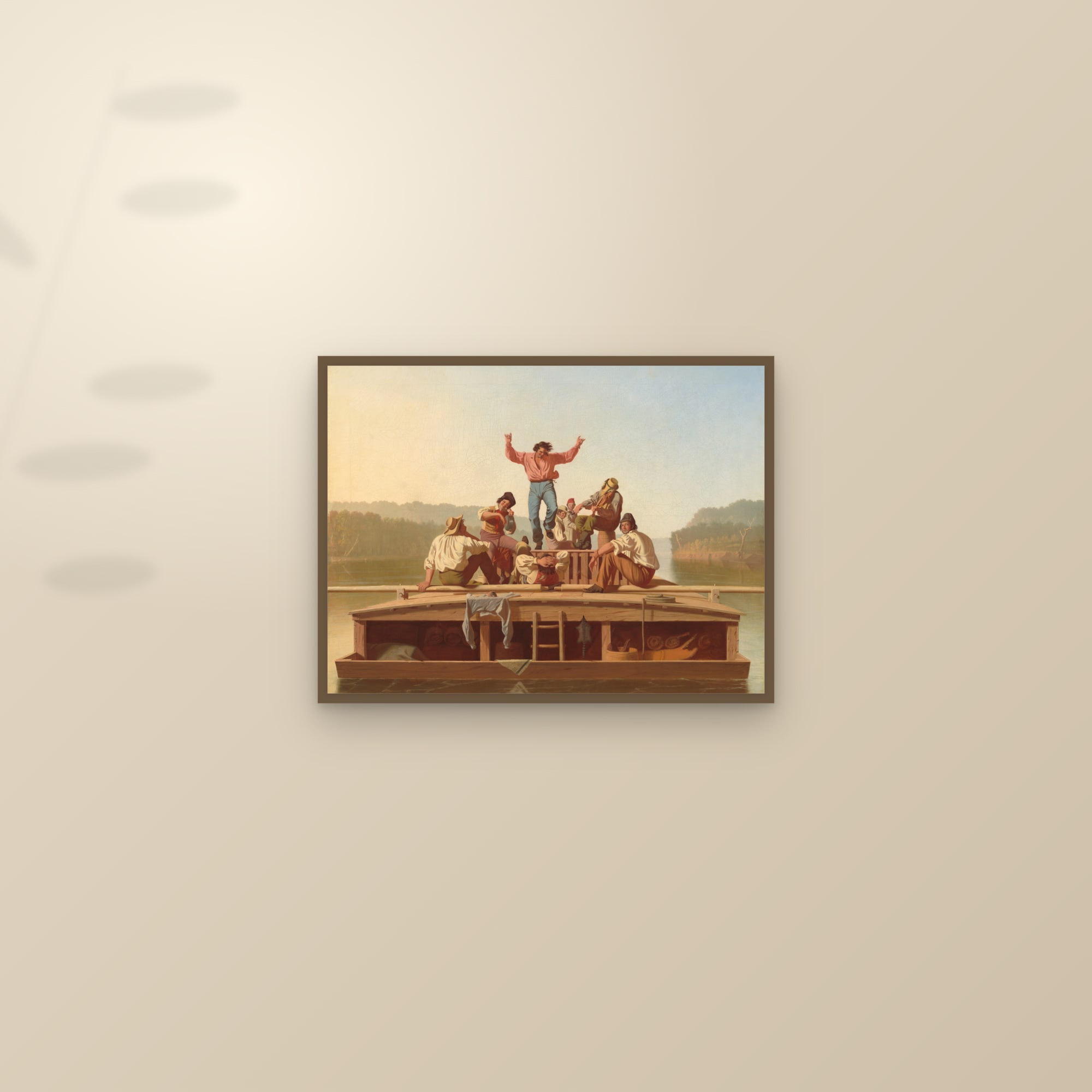 The Jolly Flatboatmen (Full) — Full-Bleed Edition — framed and styled on a sunlit wall