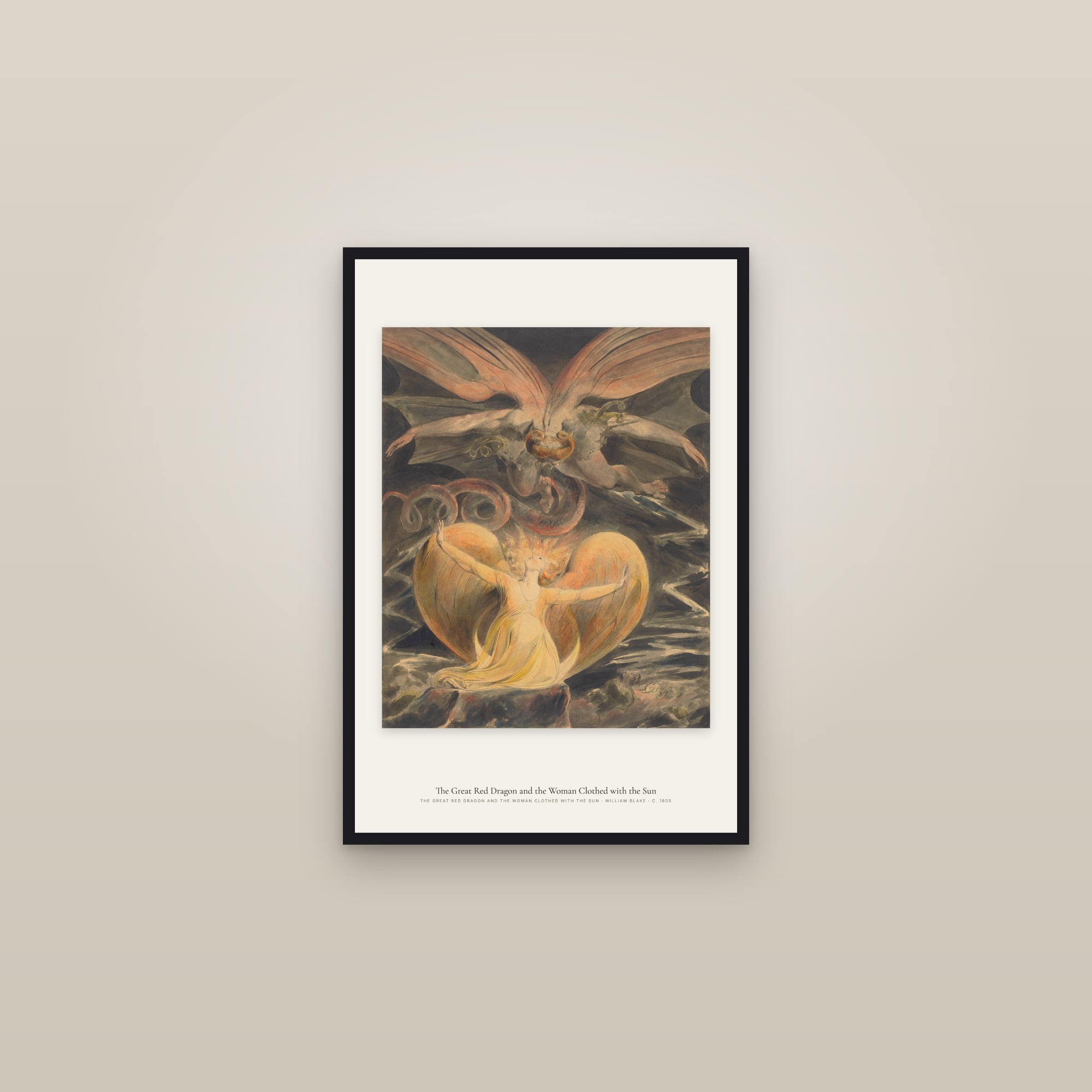 The Great Red Dragon and the Woman Clothed with the Sun — framed in a gallery setting