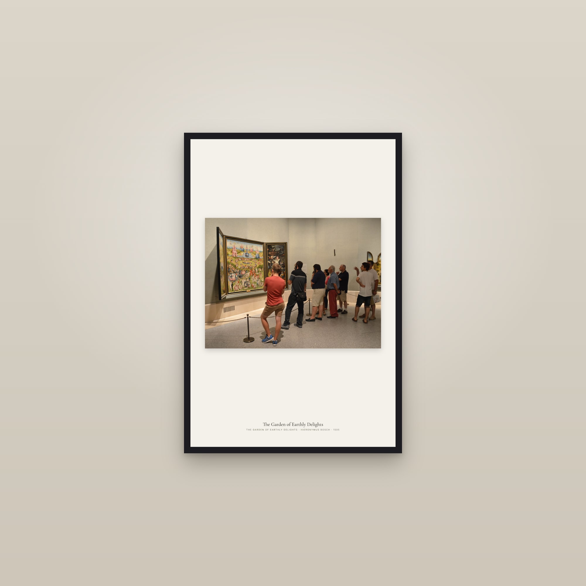 The Garden of Earthly Delights — framed in a gallery setting