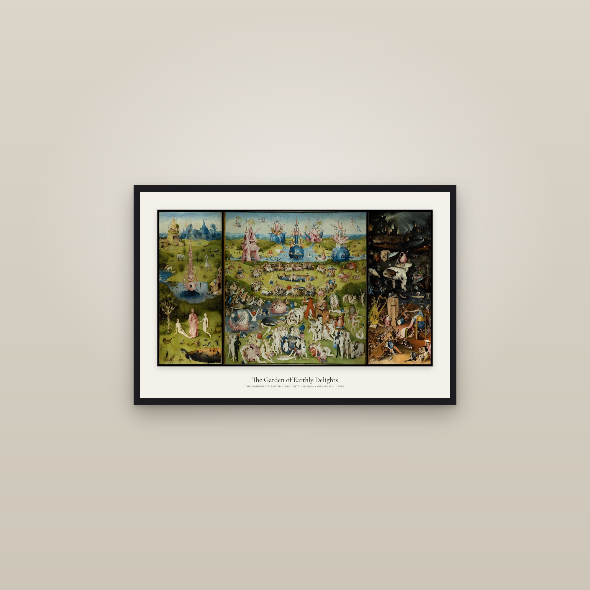 The Garden of Earthly Delights — framed in a gallery setting