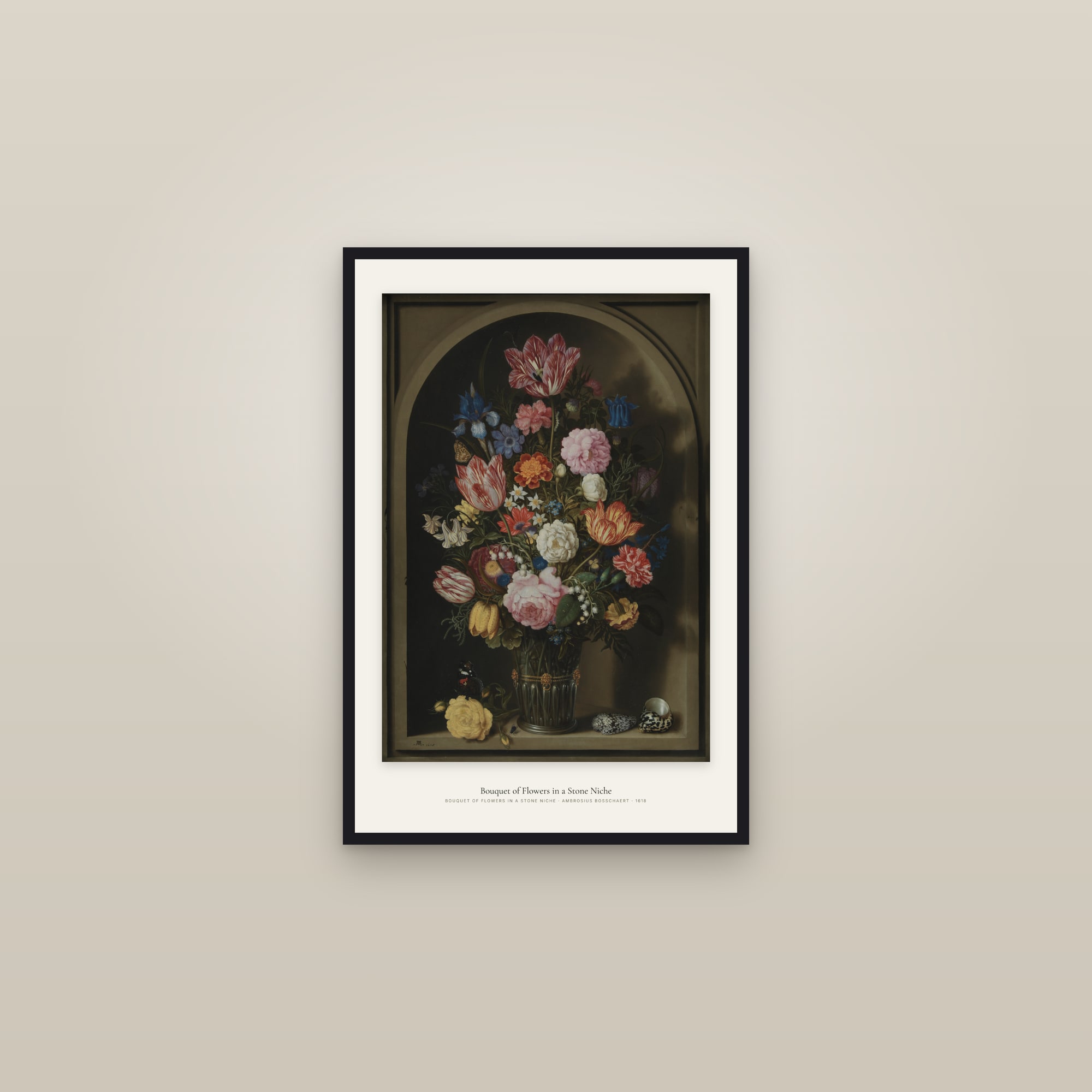 Bouquet of Flowers in a Stone Niche — framed in a gallery setting