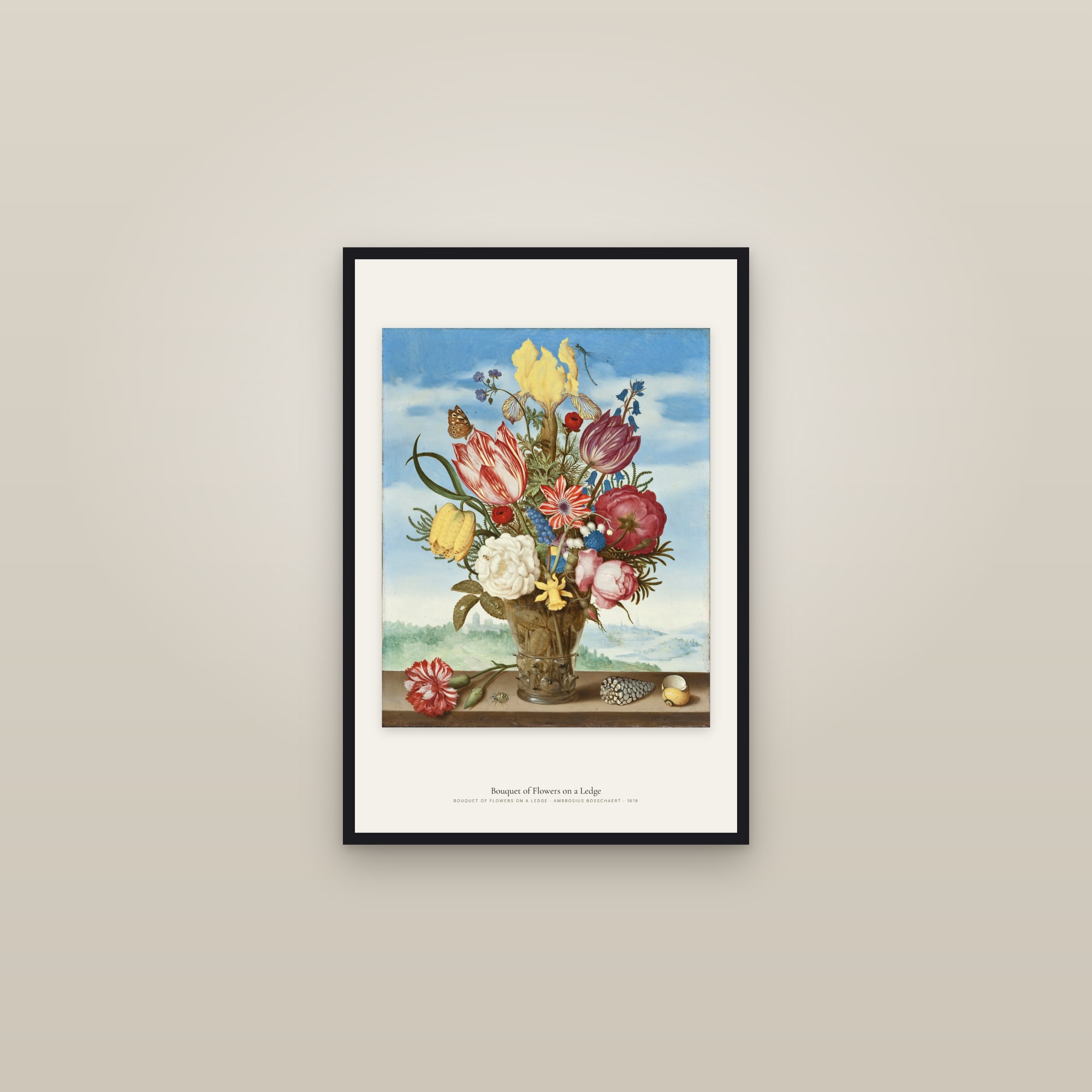Bouquet of Flowers on a Ledge — framed in a gallery setting