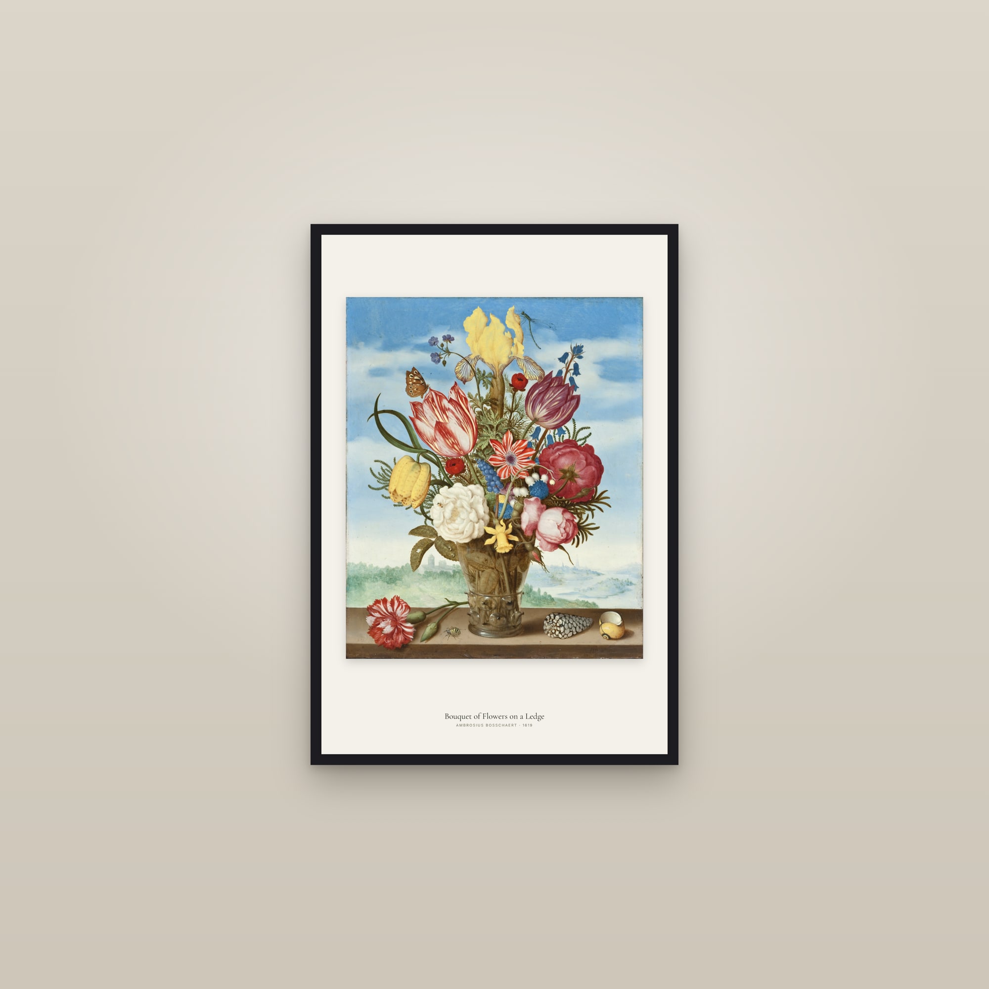 Bouquet of Flowers on a Ledge — framed in a gallery setting