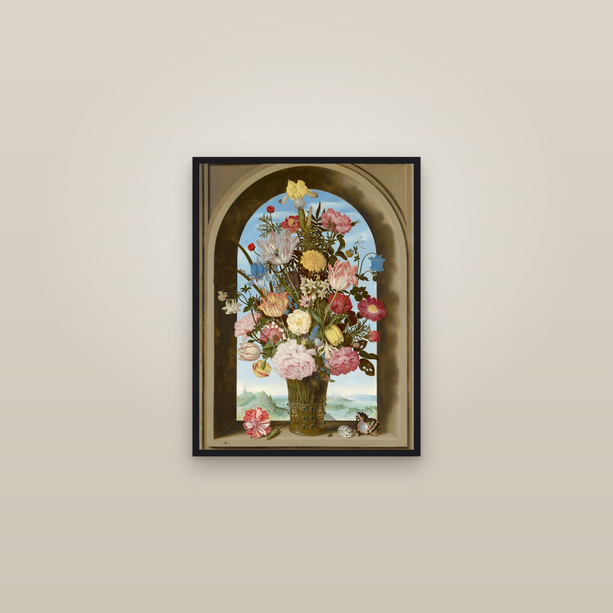 Vase of Flowers in a Window (Full) — Full-Bleed Edition — framed in a gallery setting