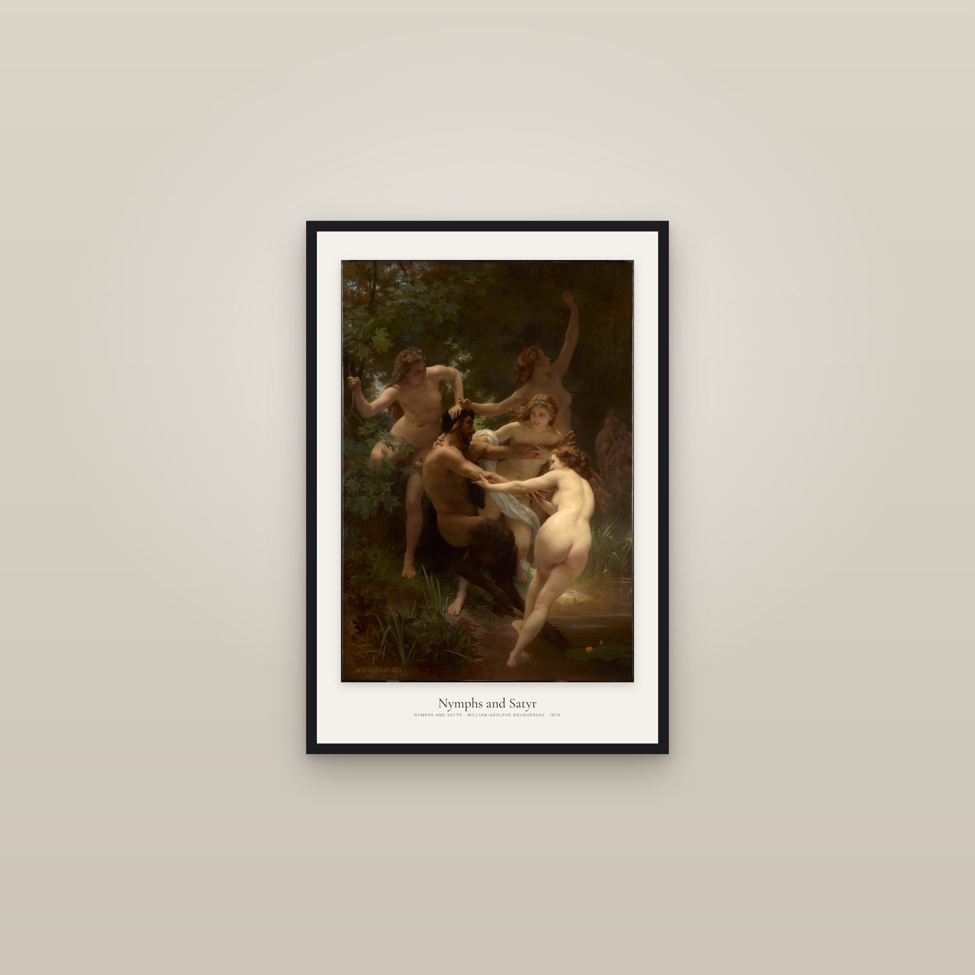 Nymphs and Satyr — framed in a gallery setting