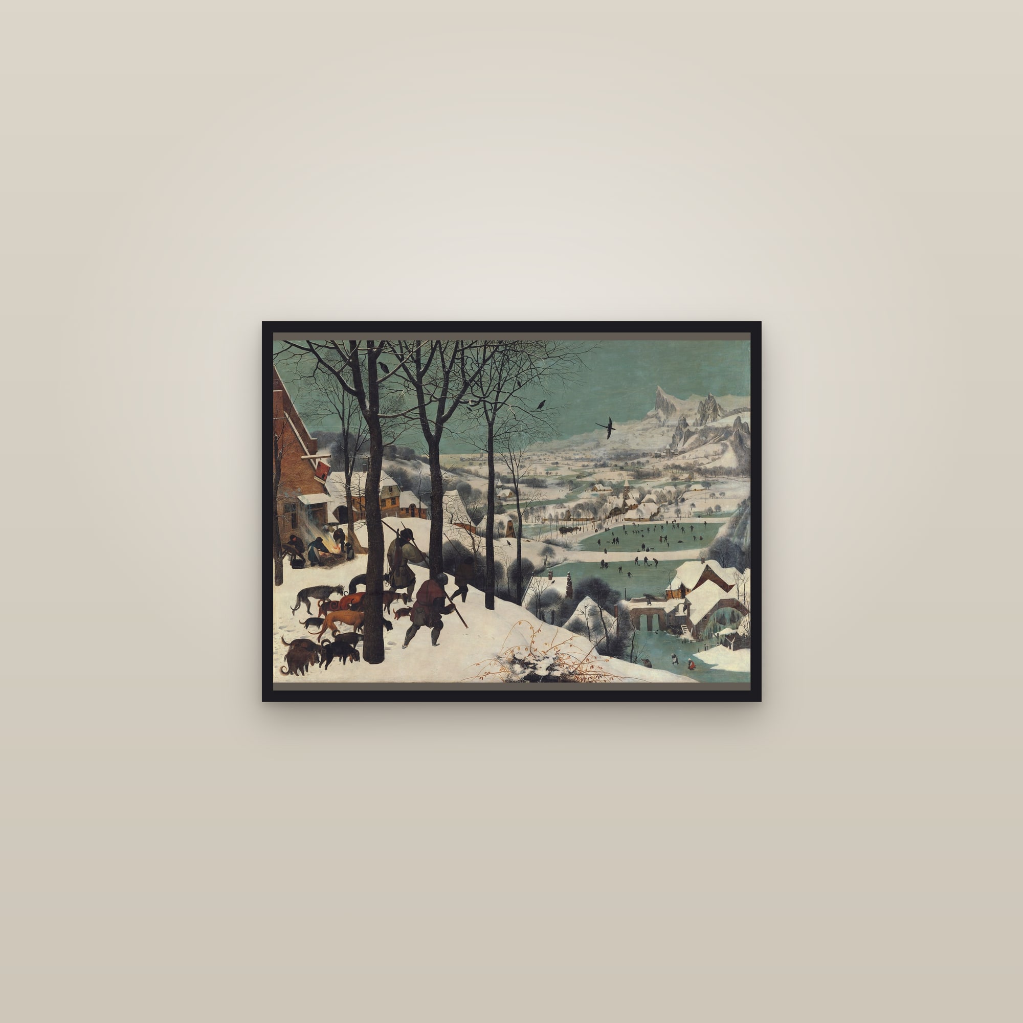 The Hunters in the Snow — Full-Bleed Edition — framed in a gallery setting