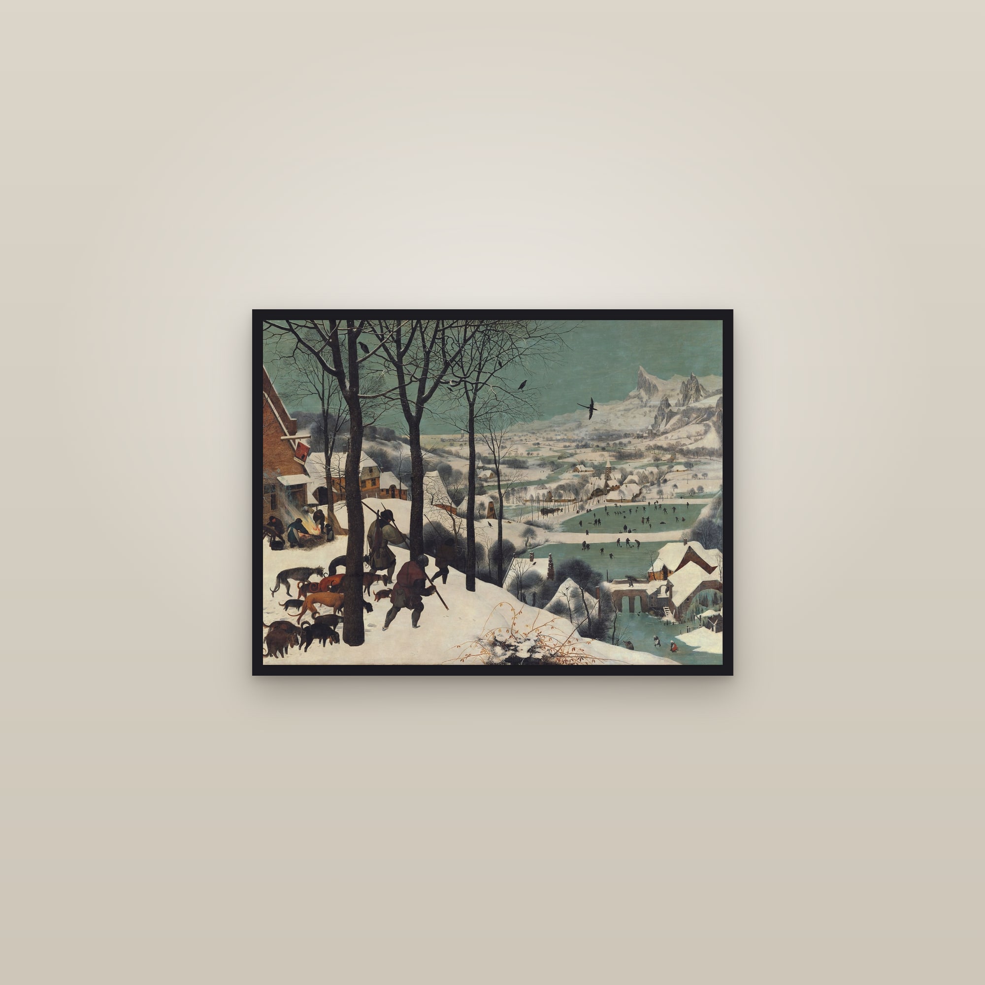 The Hunters in the Snow — Full-Bleed Edition — framed in a gallery setting