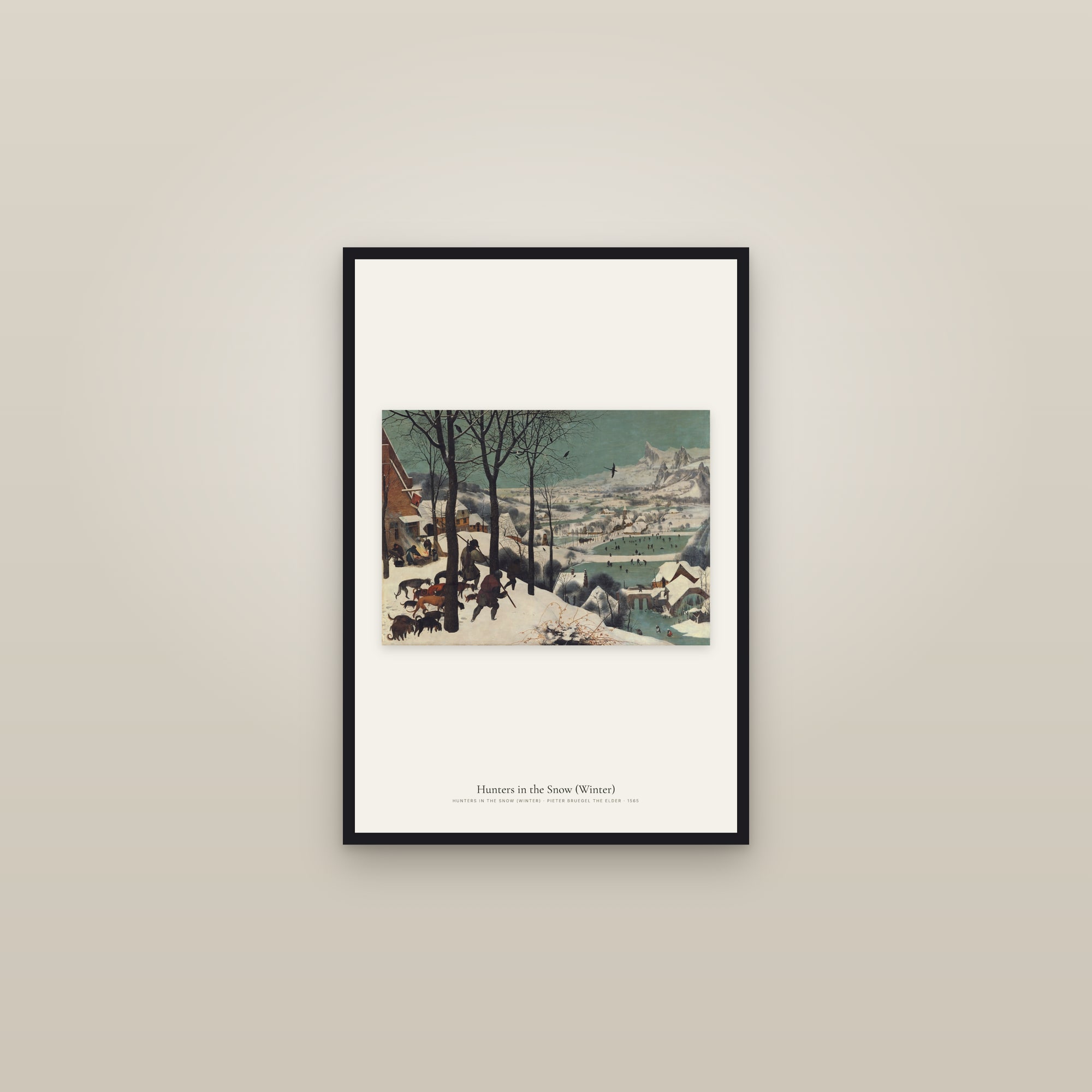 Hunters in the Snow (Winter) — framed in a gallery setting