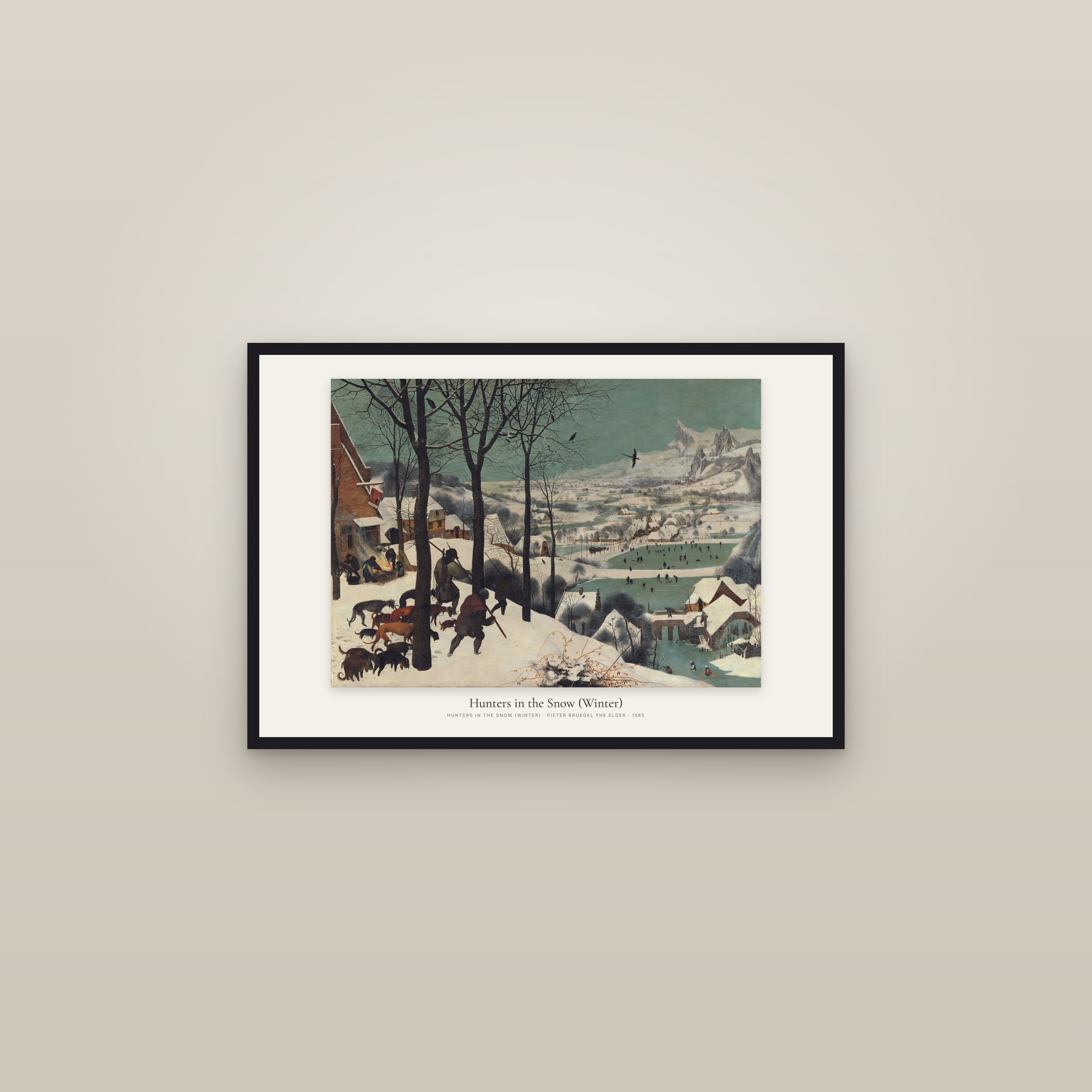 Hunters in the Snow (Winter) — framed in a gallery setting