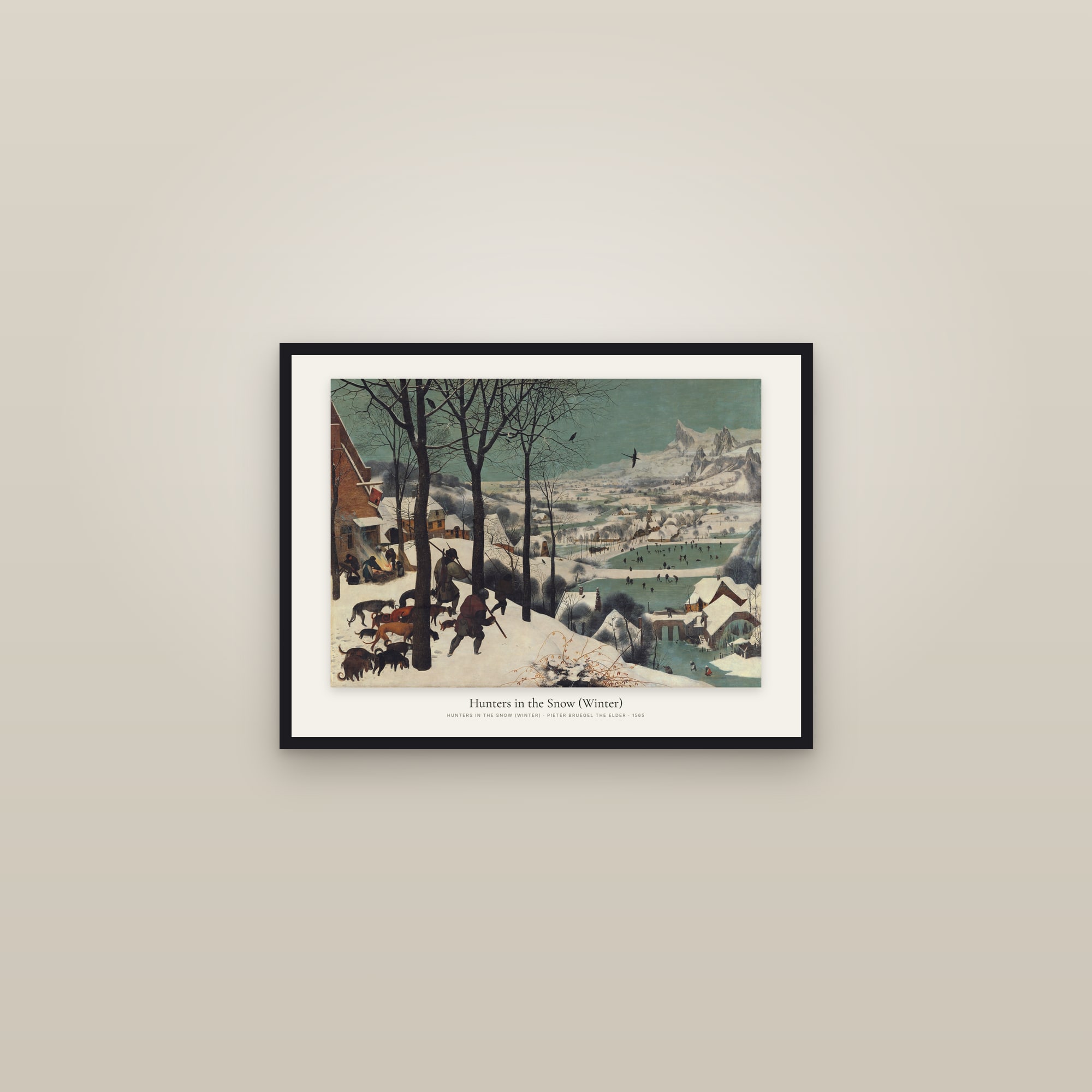Hunters in the Snow (Winter) — framed in a gallery setting