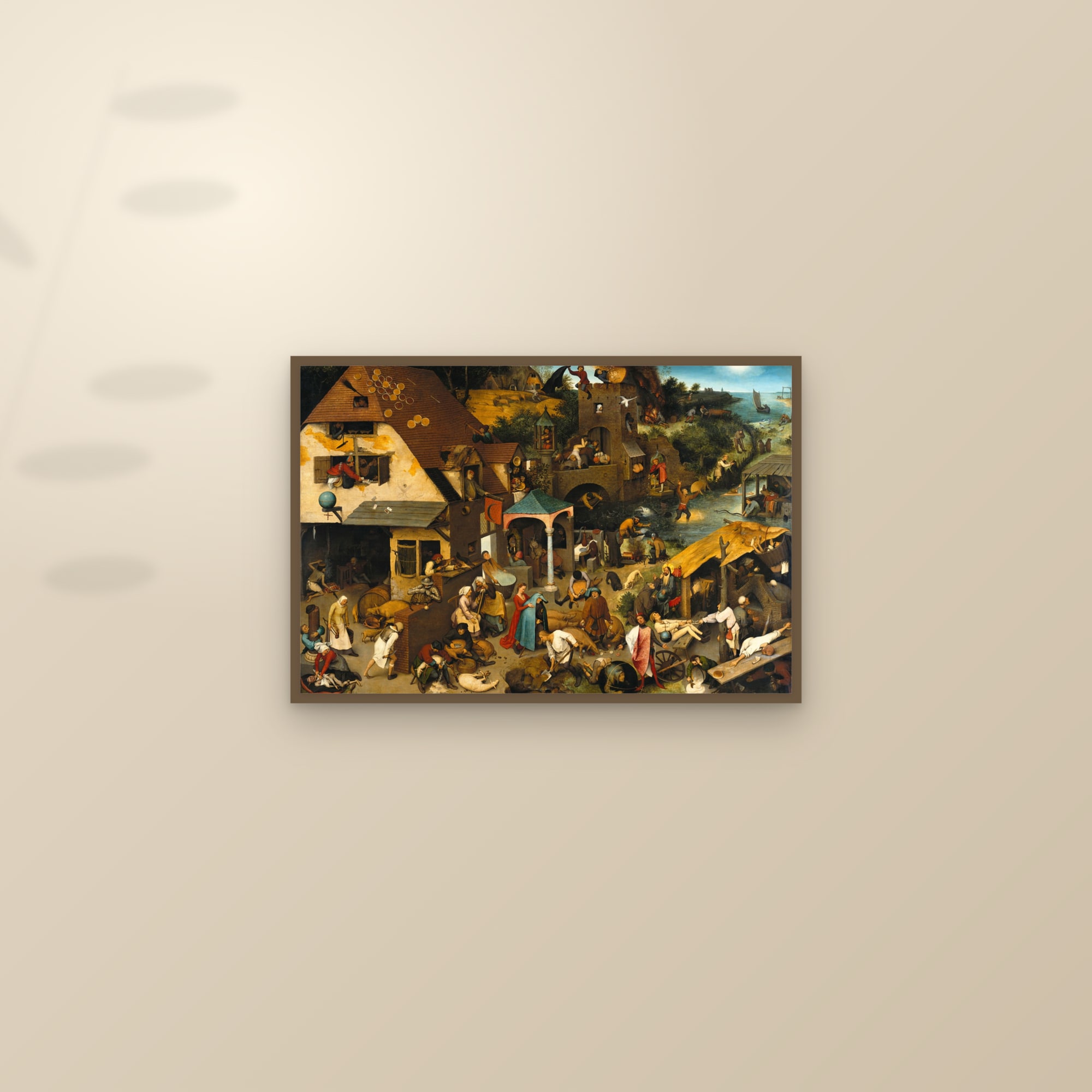 Netherlandish Proverbs (Full) — Full-Bleed Edition — framed and styled on a sunlit wall