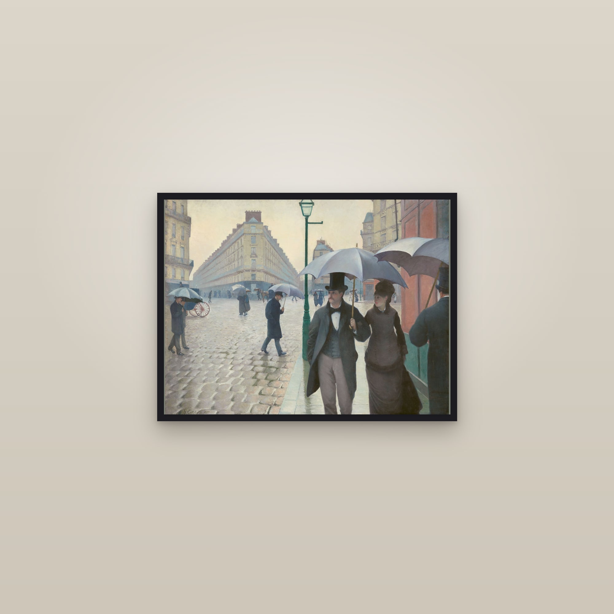Paris Street; Rainy Day (Full) — Full-Bleed Edition — framed in a gallery setting