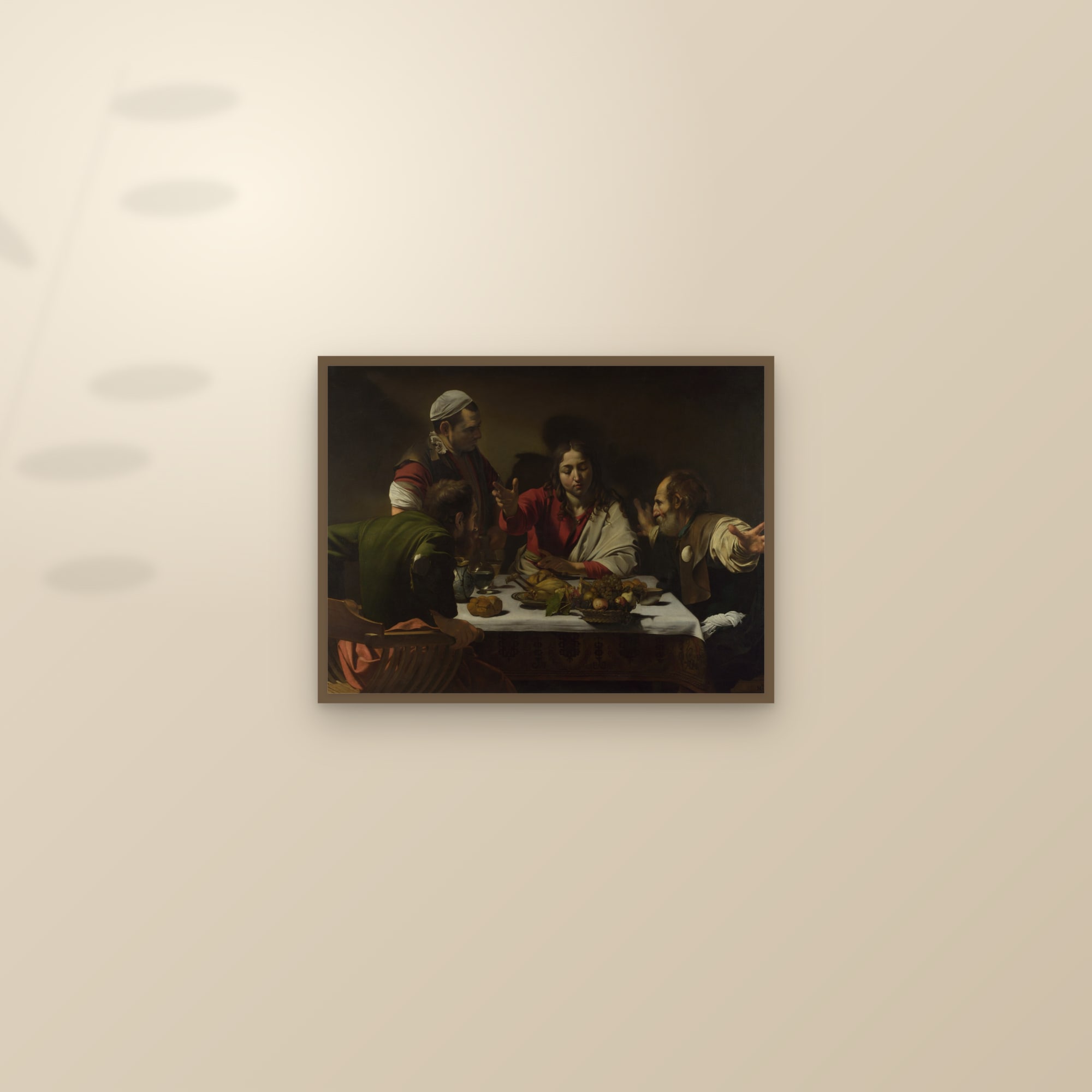 The Supper at Emmaus (Full) — Full-Bleed Edition — framed and styled on a sunlit wall