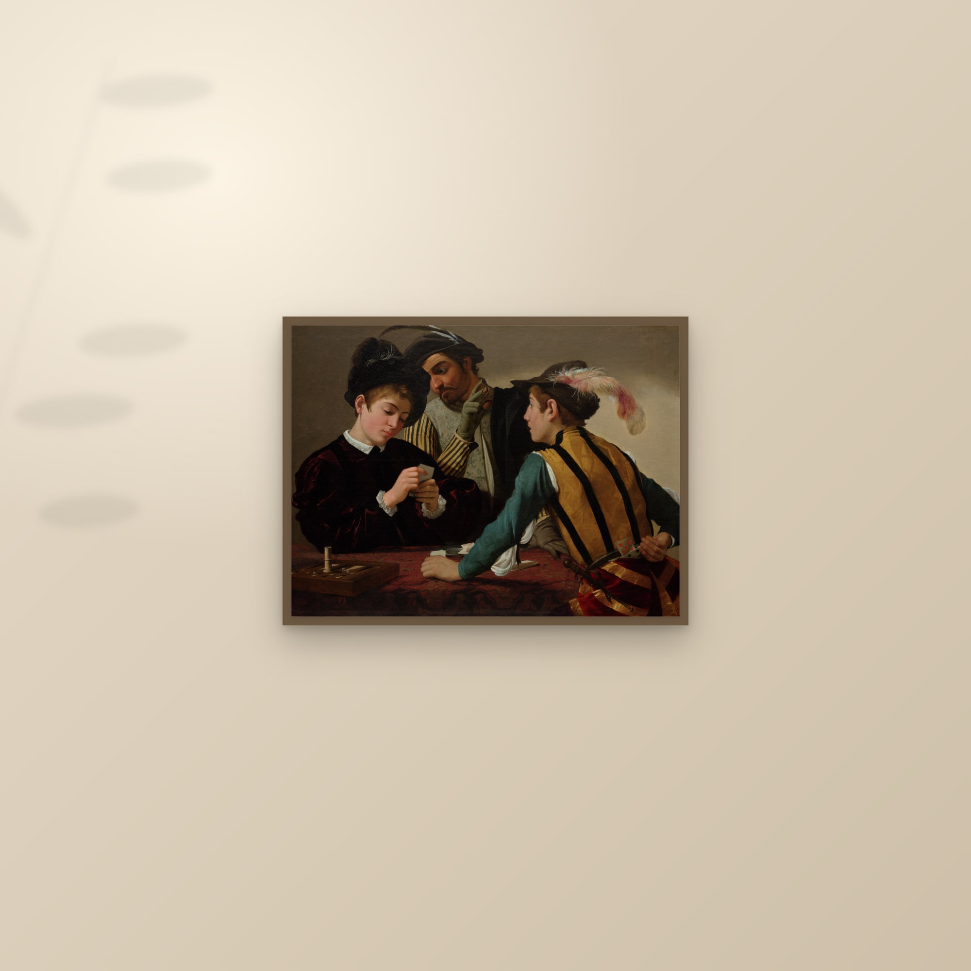 The Cardsharps (Full) — Full-Bleed Edition — framed and styled on a sunlit wall