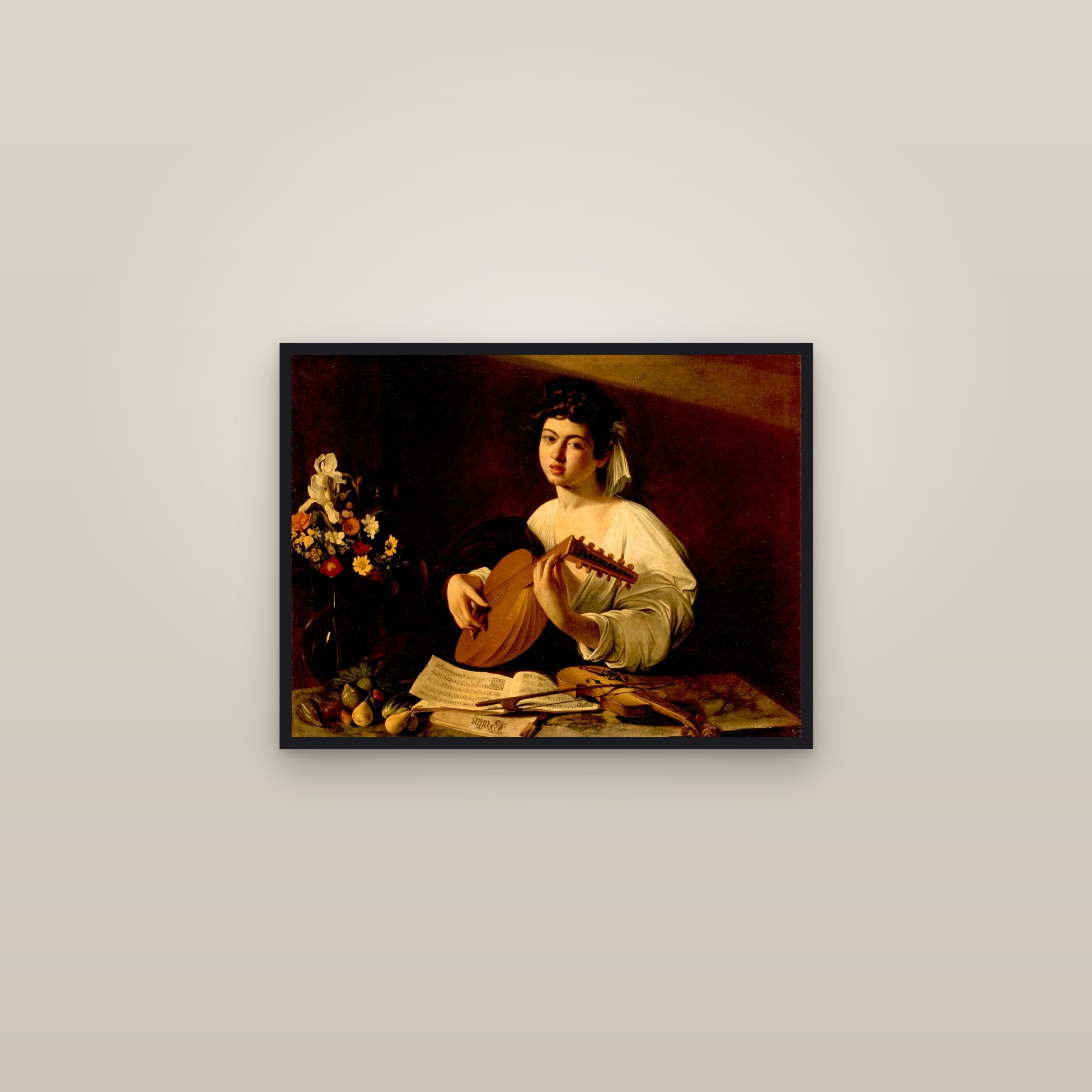 The Lute Player (Full) — Full-Bleed Edition — framed in a gallery setting