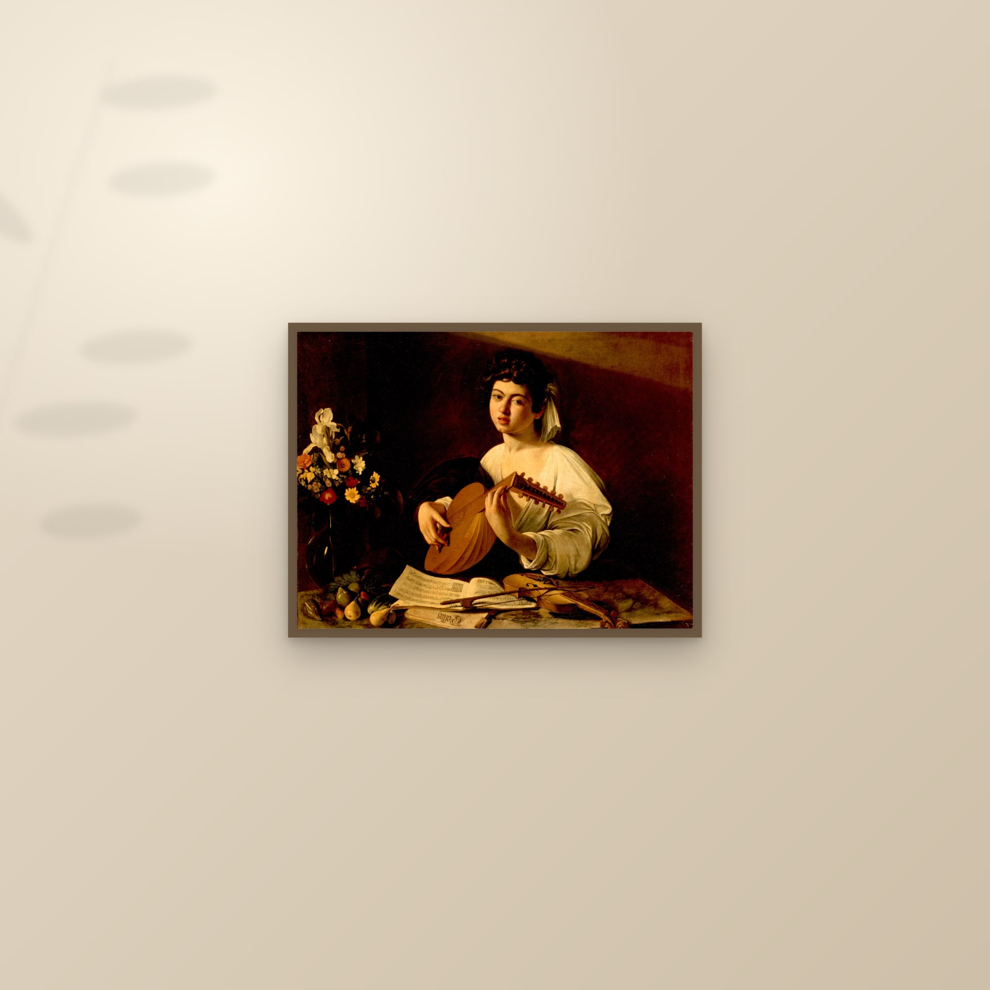 The Lute Player (Full) — Full-Bleed Edition — framed and styled on a sunlit wall