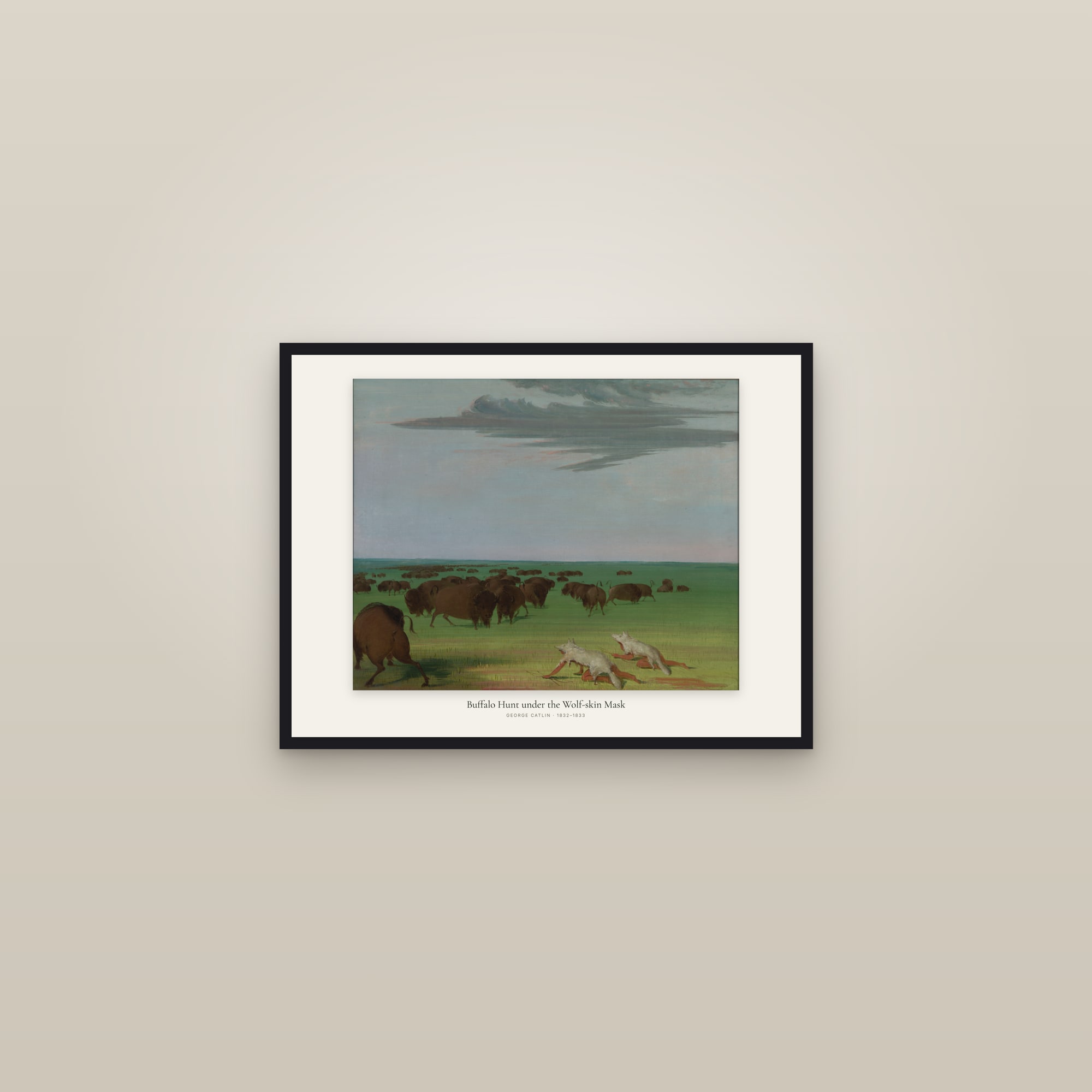 Buffalo Hunt under the Wolf-skin Mask — framed in a gallery setting