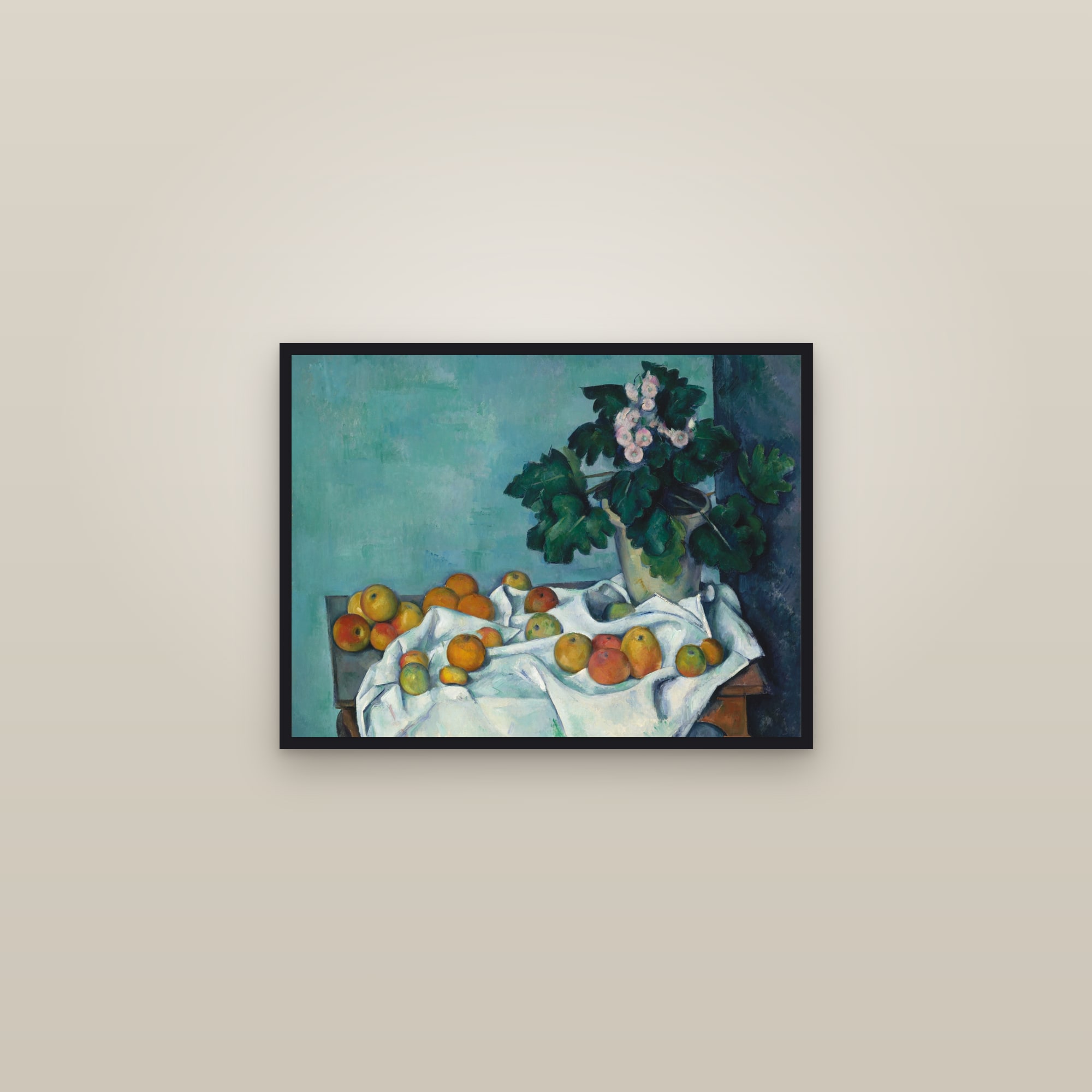 Still Life with Apples and a Pot of Primroses (Full) — Full-Bleed Edition — framed in a gallery setting