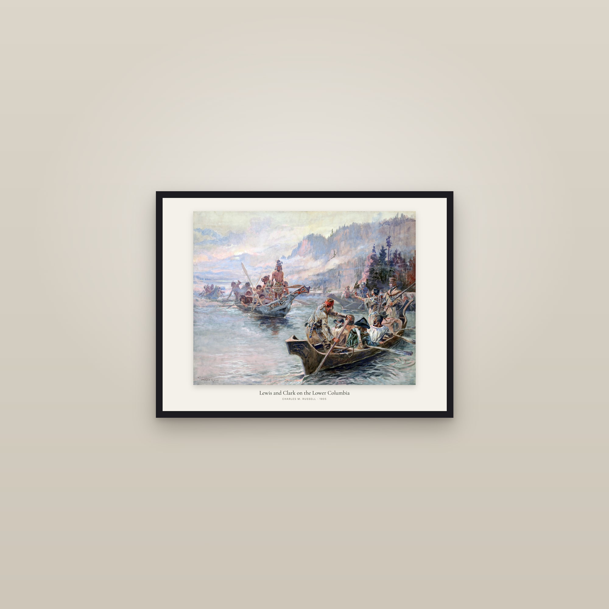 Lewis and Clark on the Lower Columbia — framed in a gallery setting