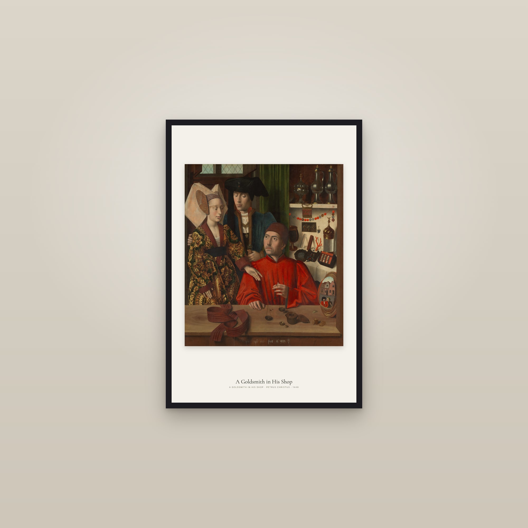 A Goldsmith in His Shop — framed in a gallery setting
