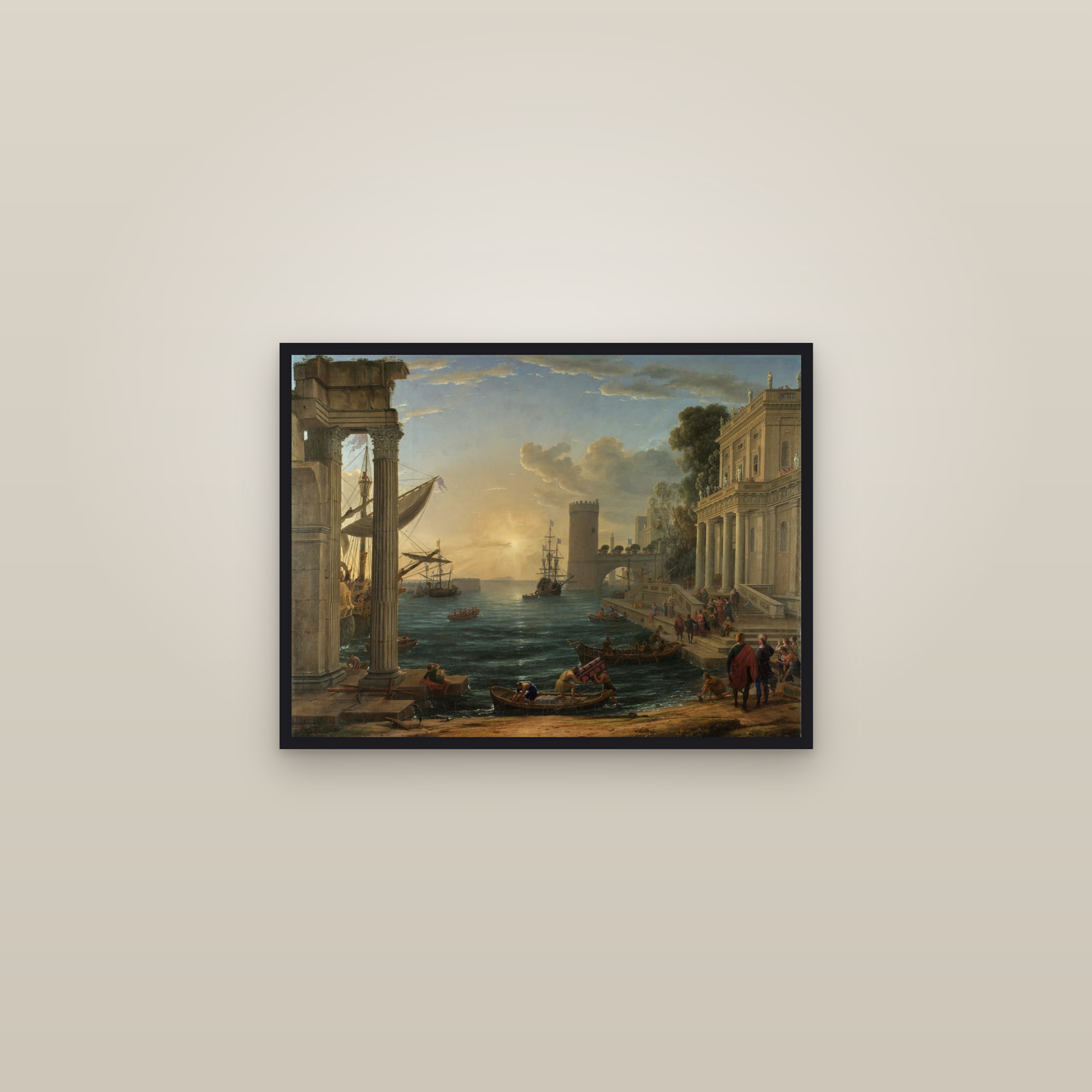 Seaport with the Embarkation of the Queen of Sheba (Full) — Full-Bleed Edition — framed in a gallery setting