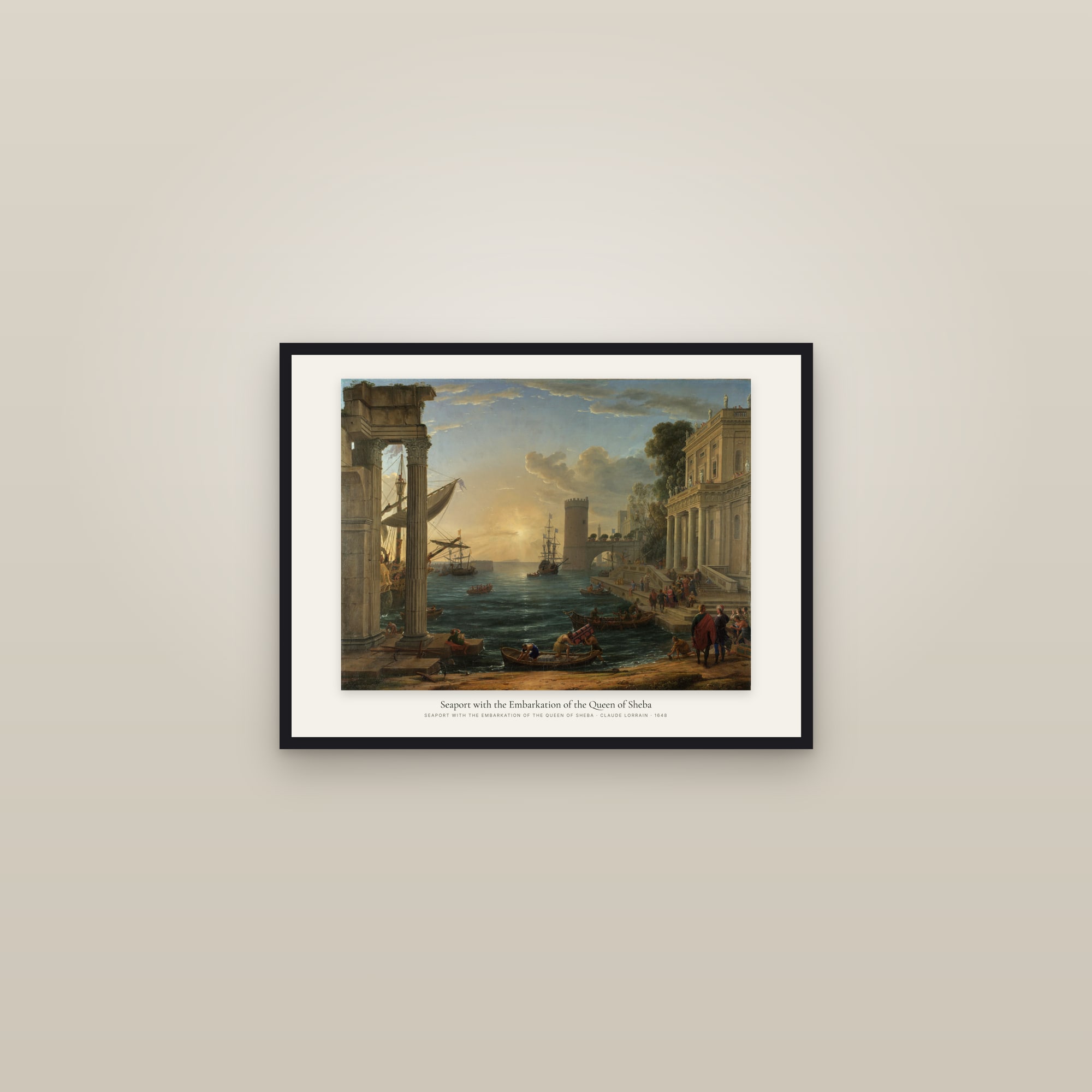 Seaport with the Embarkation of the Queen of Sheba — framed in a gallery setting