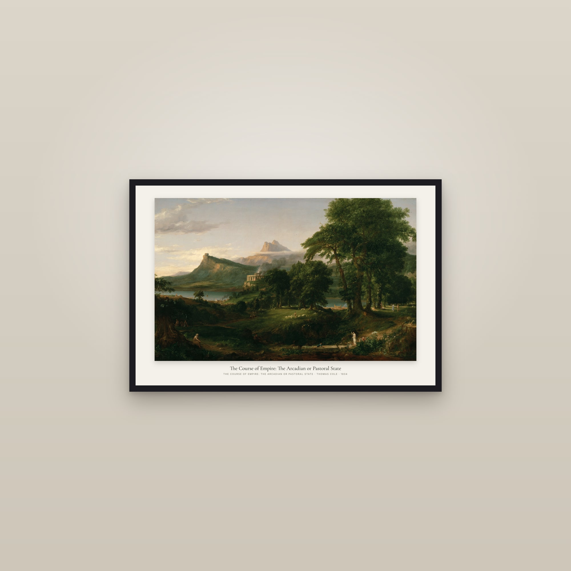 The Course of Empire: The Arcadian or Pastoral State — framed in a gallery setting