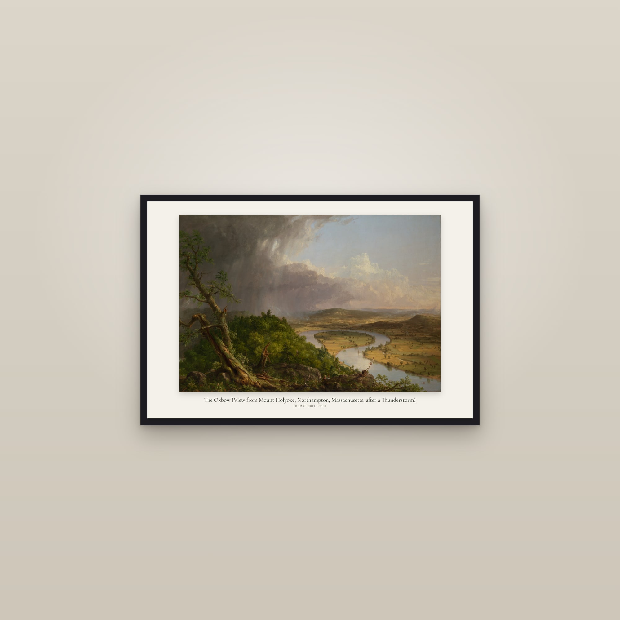 The Oxbow (View from Mount Holyoke, Northampton, Massachusetts, after a Thunderstorm) — framed in a gallery setting