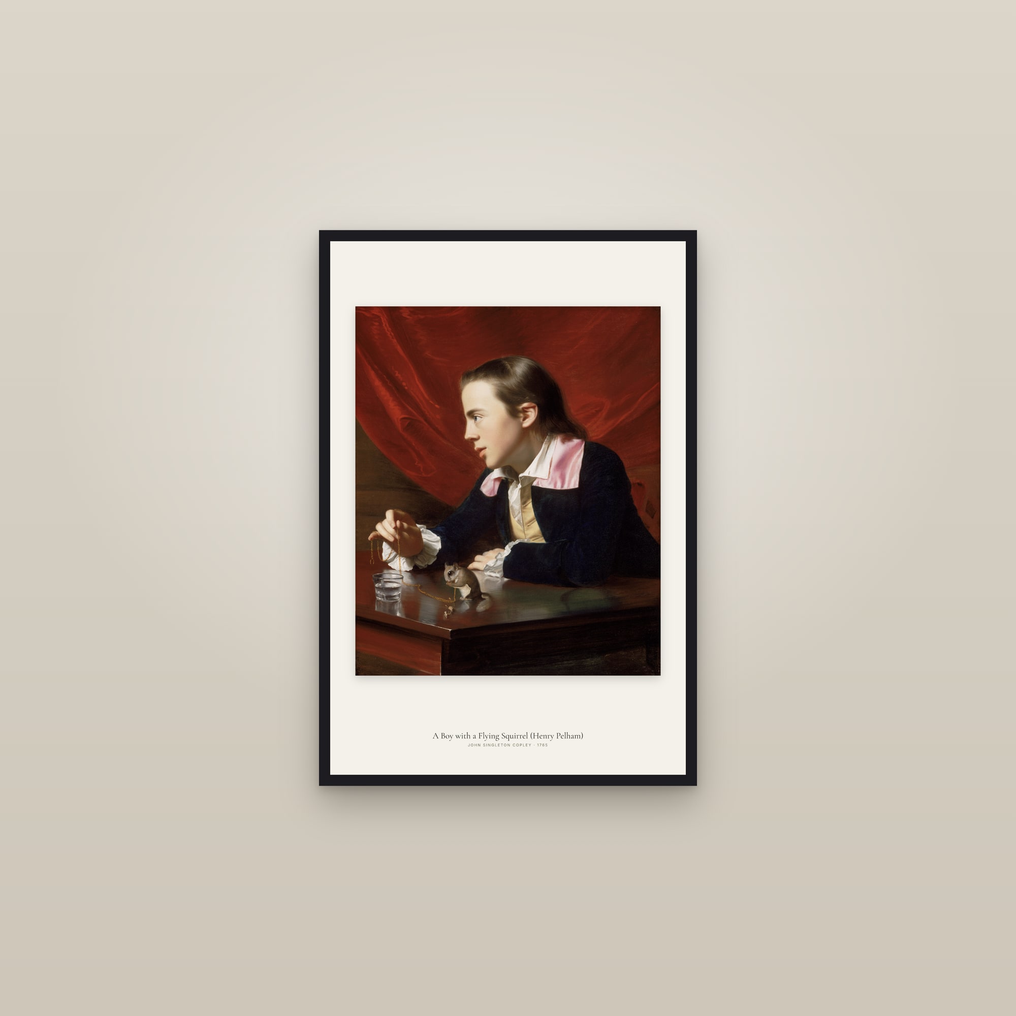 A Boy with a Flying Squirrel (Henry Pelham) — framed in a gallery setting