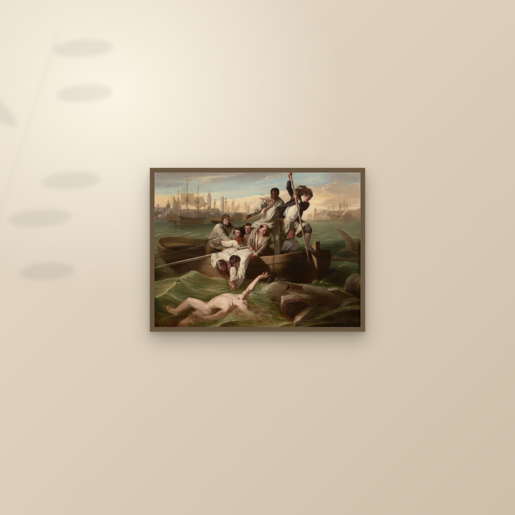 Watson and the Shark (Full) — Full-Bleed Edition — framed and styled on a sunlit wall