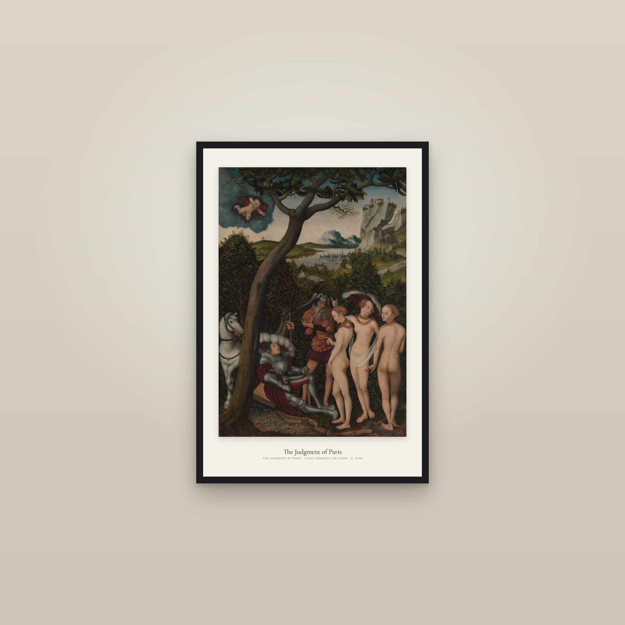 The Judgment of Paris — framed in a gallery setting