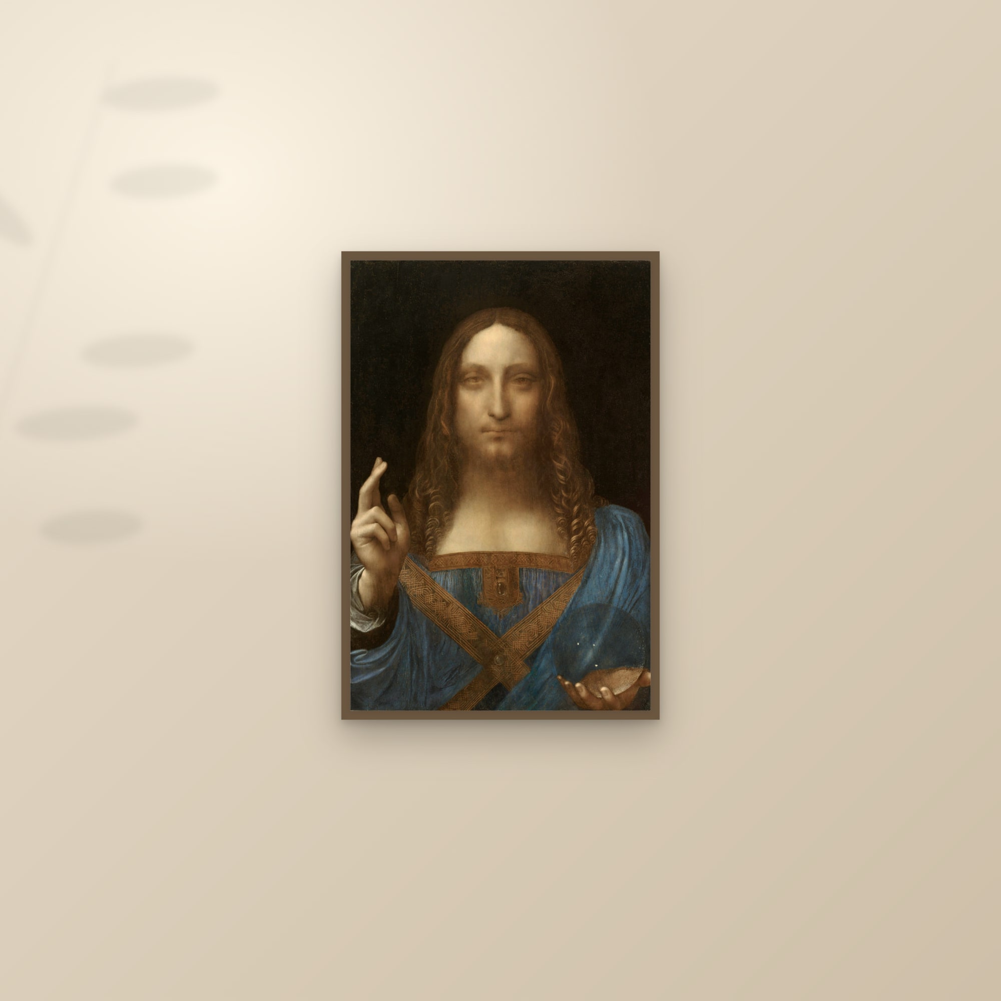 Salvator Mundi (Full) — Full-Bleed Edition — framed and styled on a sunlit wall