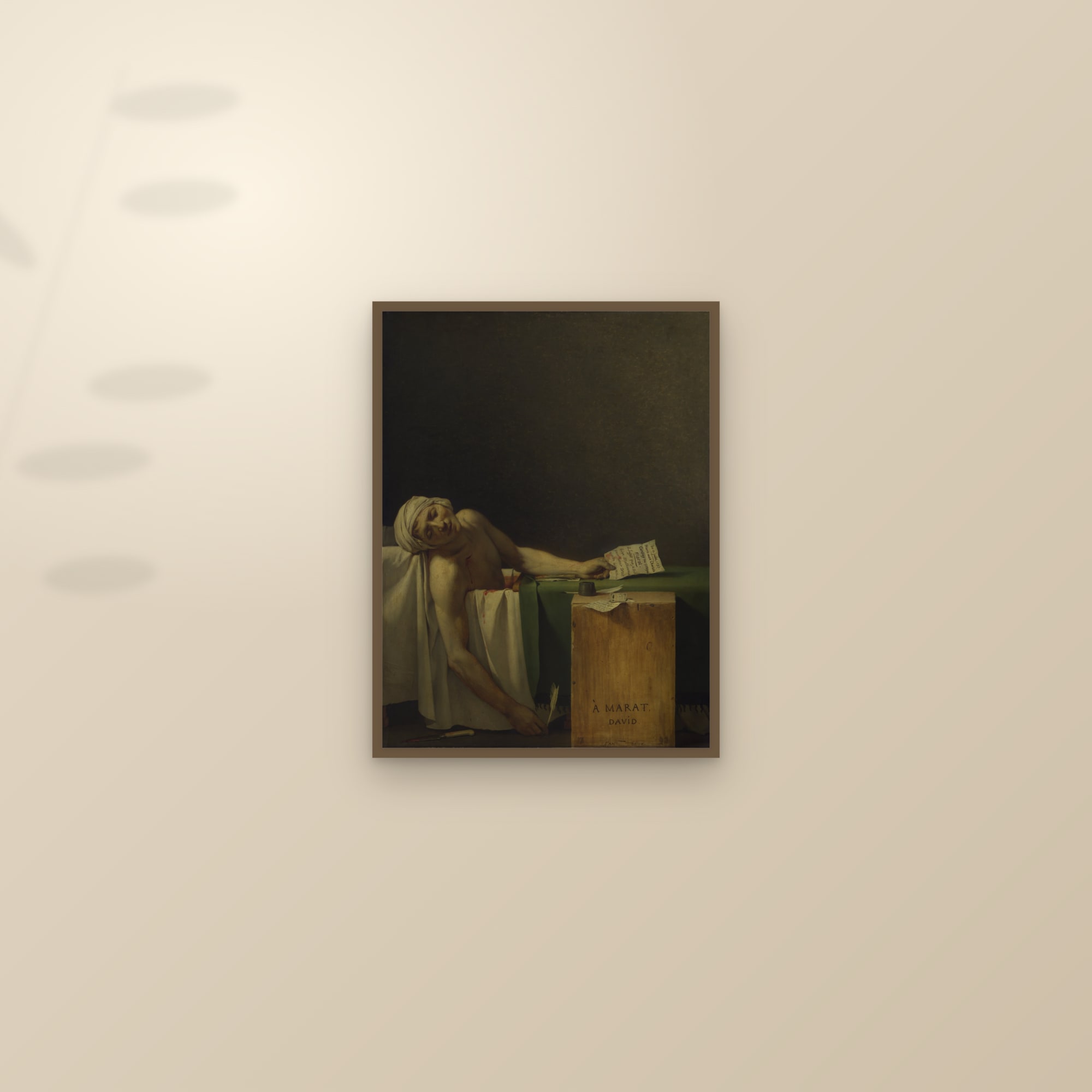 The Death of Marat (Full) — Full-Bleed Edition — framed and styled on a sunlit wall