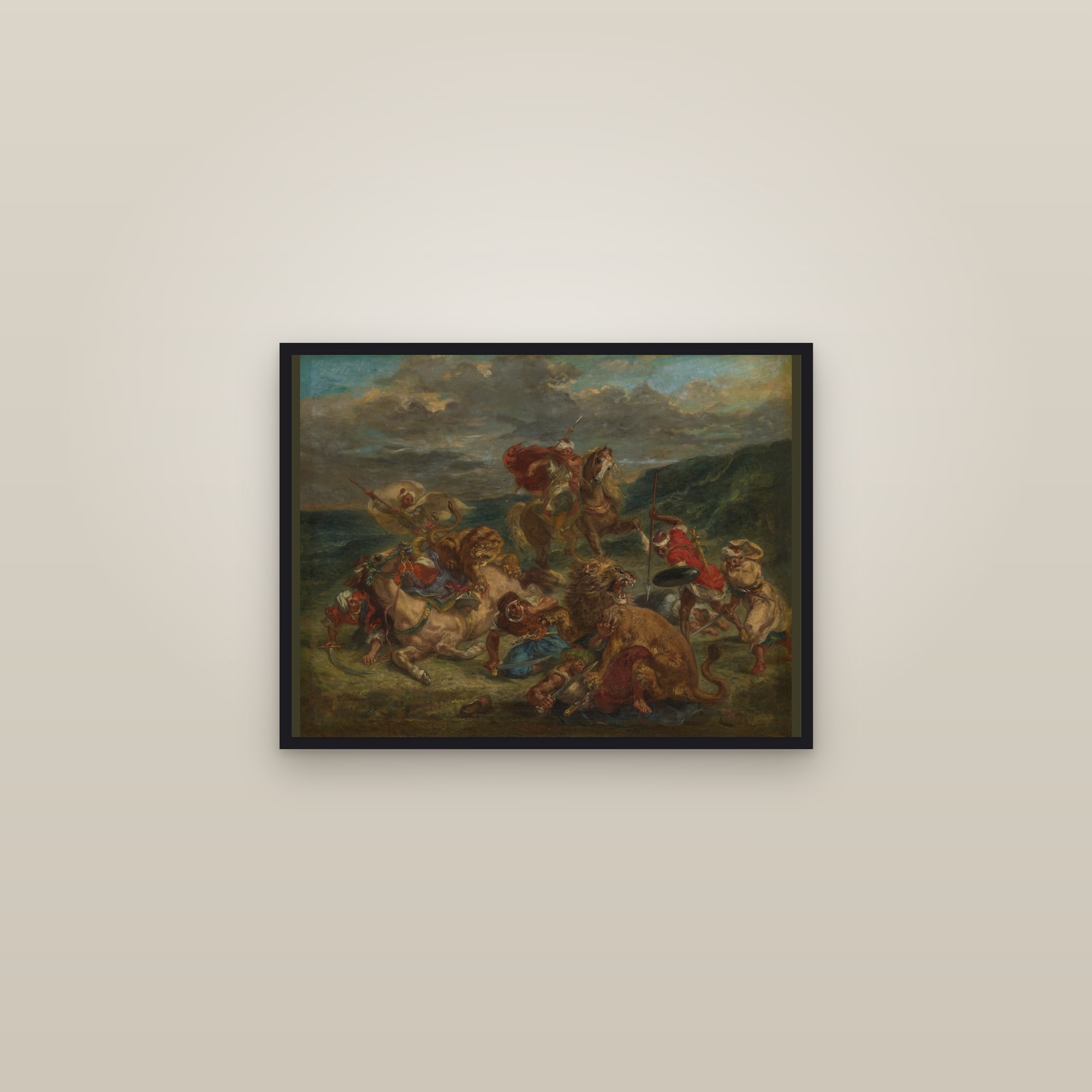 Lion Hunt (Full) — Full-Bleed Edition — framed in a gallery setting
