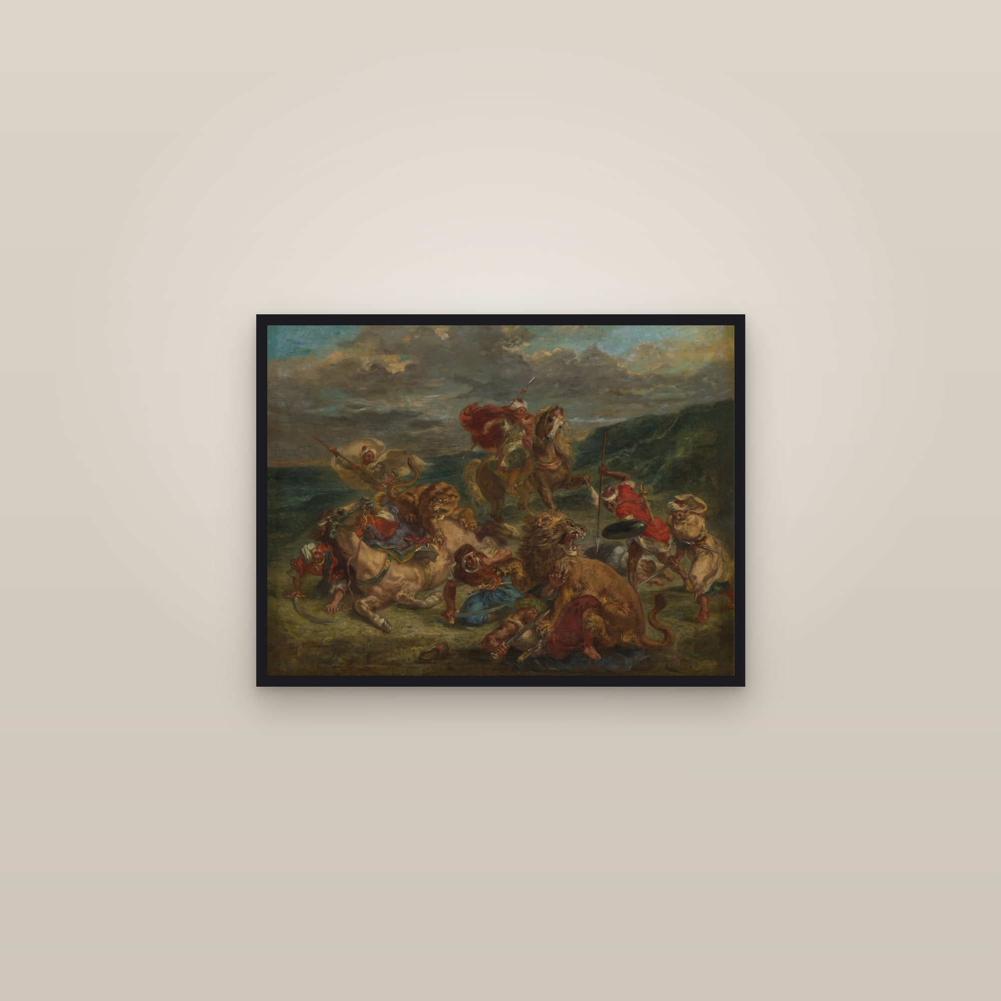 Lion Hunt (Full) — Full-Bleed Edition — framed in a gallery setting