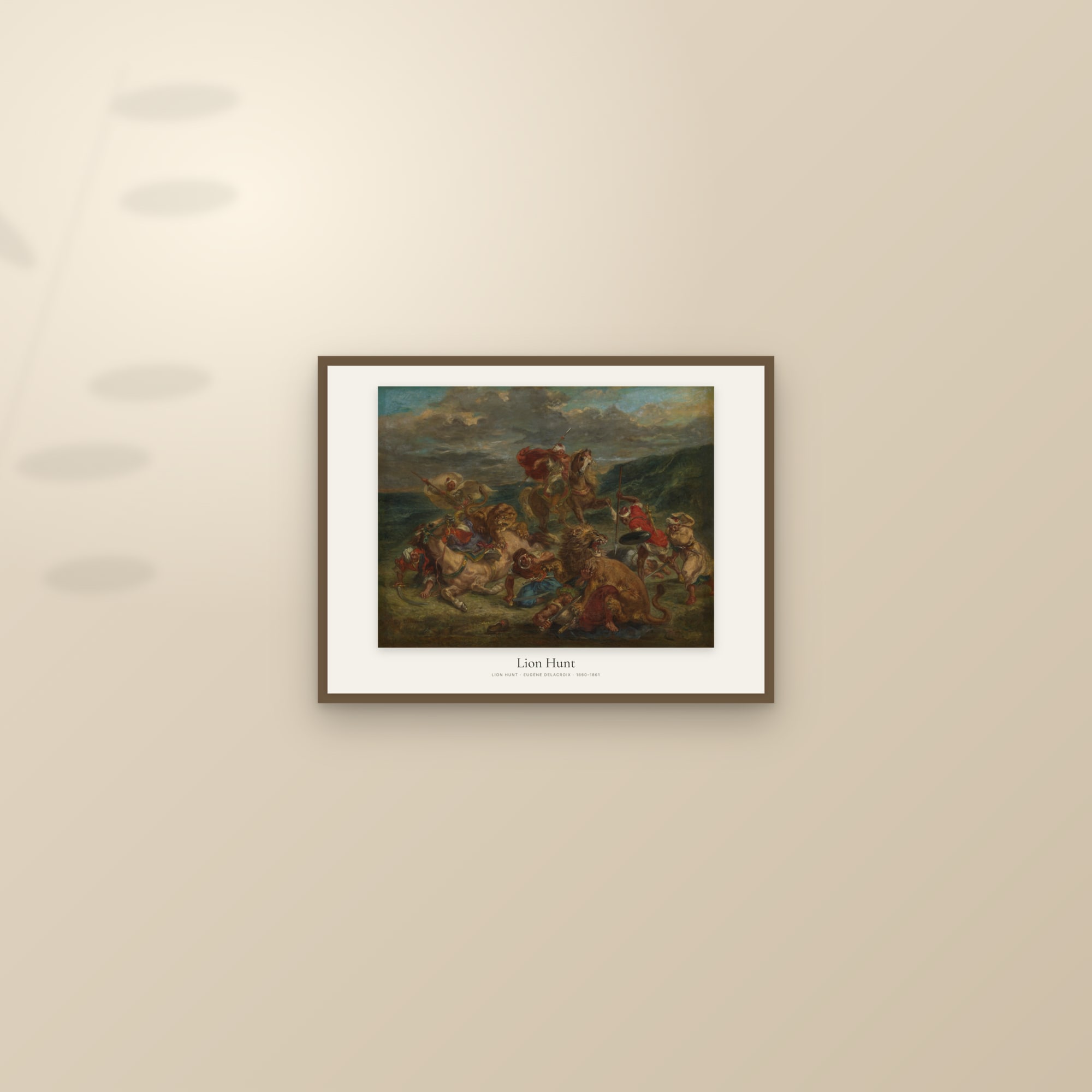 Lion Hunt — framed and styled on a sunlit wall