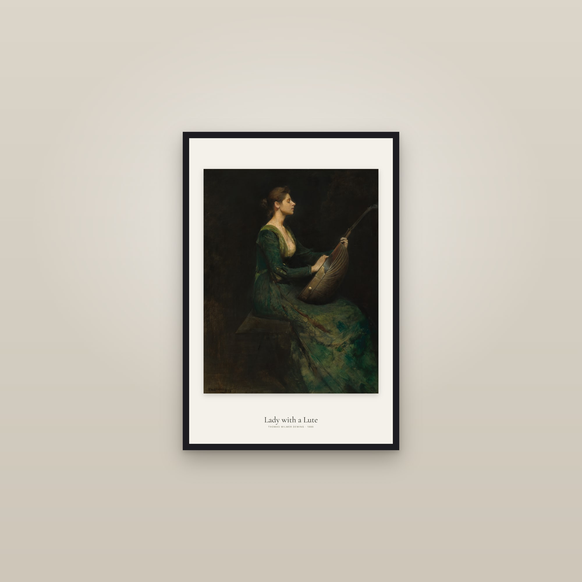 Lady with a Lute — framed in a gallery setting