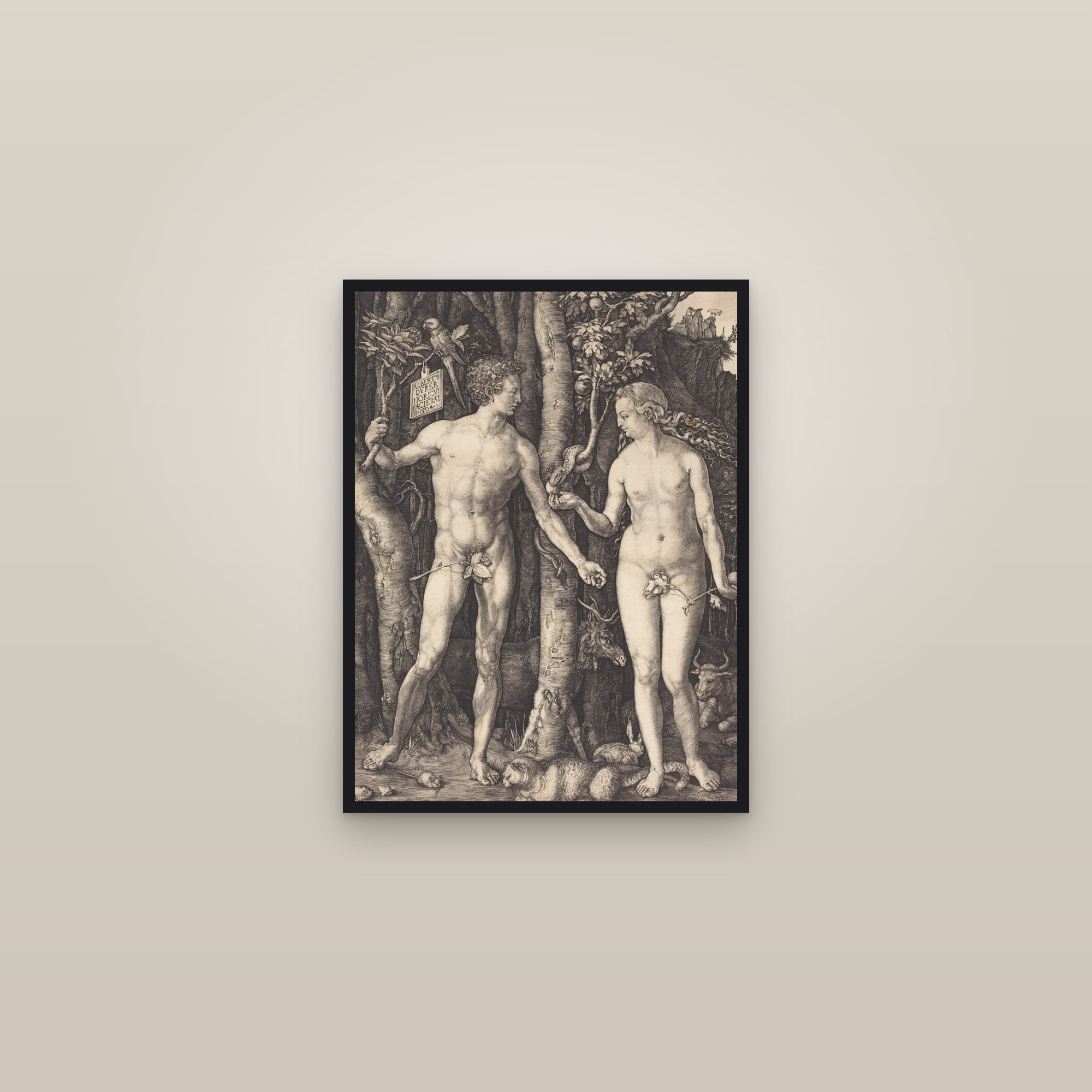 Adam and Eve (Durer Full) — Full-Bleed Edition — framed in a gallery setting