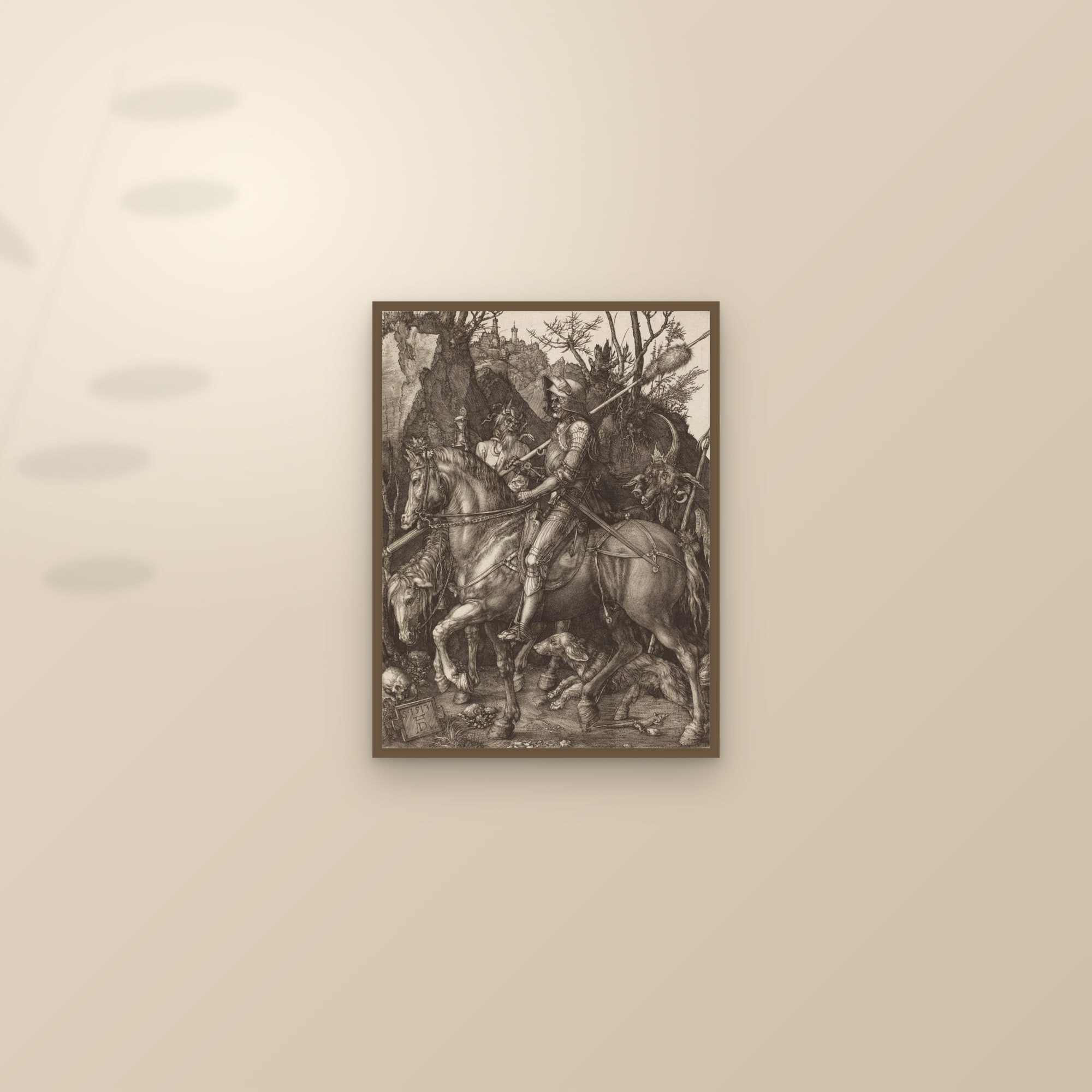 Knight, Death and the Devil (Full) — Full-Bleed Edition — framed and styled on a sunlit wall