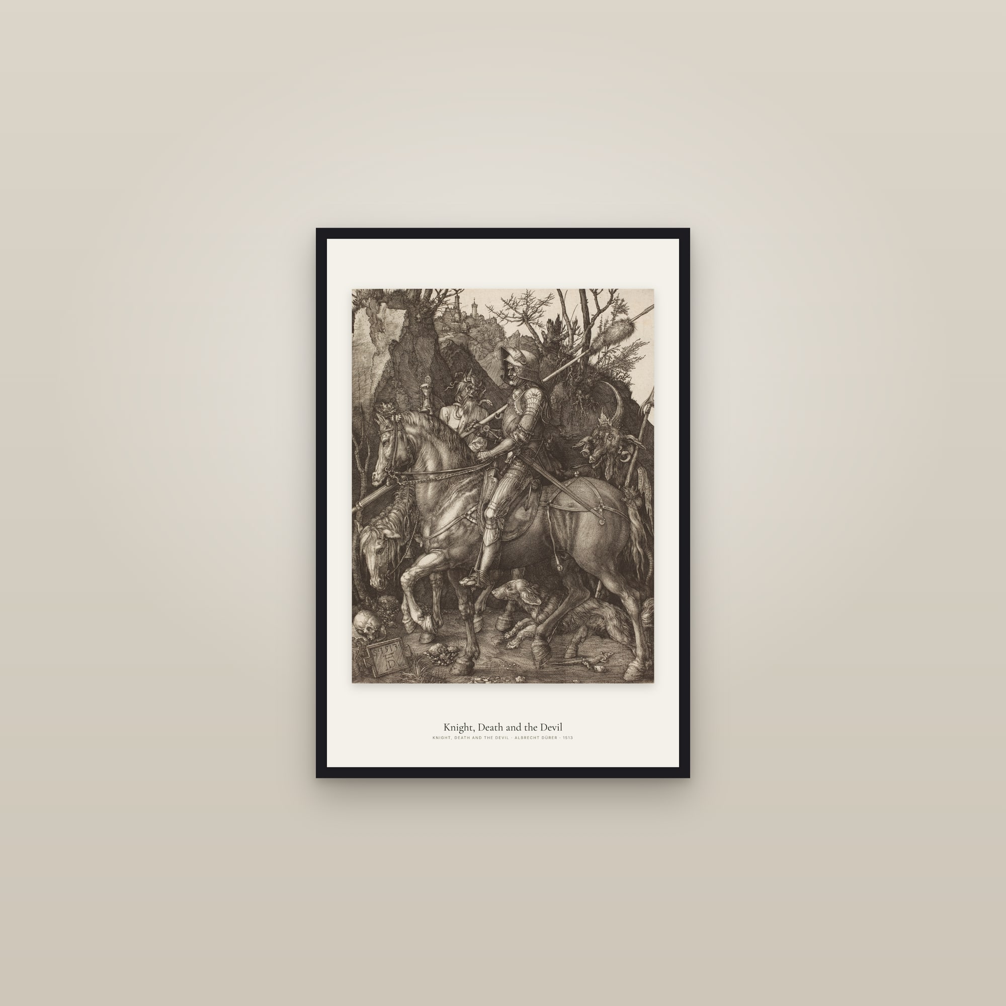 Knight, Death and the Devil — framed in a gallery setting