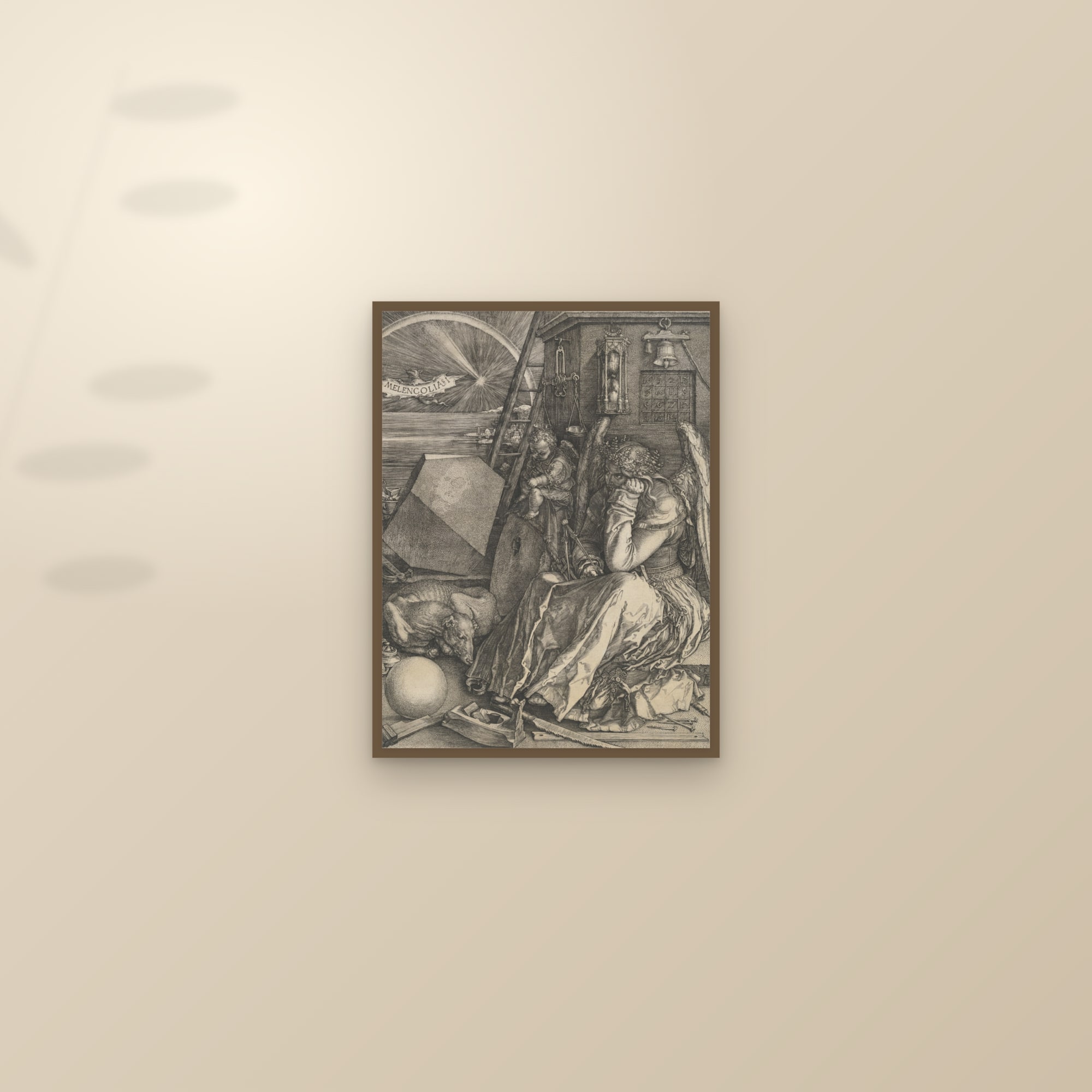 Melencolia I (Full) — Full-Bleed Edition — framed and styled on a sunlit wall