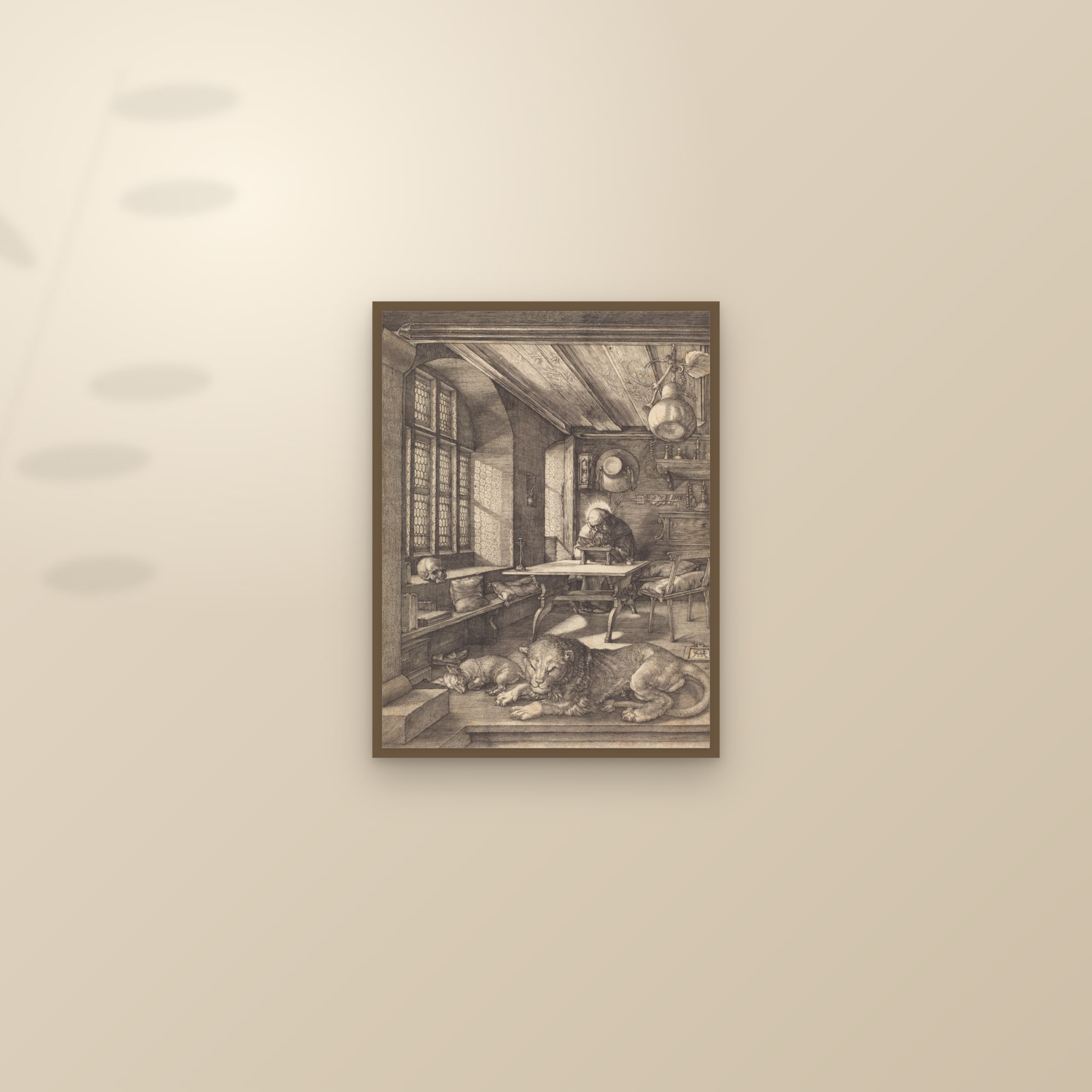 Saint Jerome in His Study (Durer Full) — Full-Bleed Edition — framed and styled on a sunlit wall